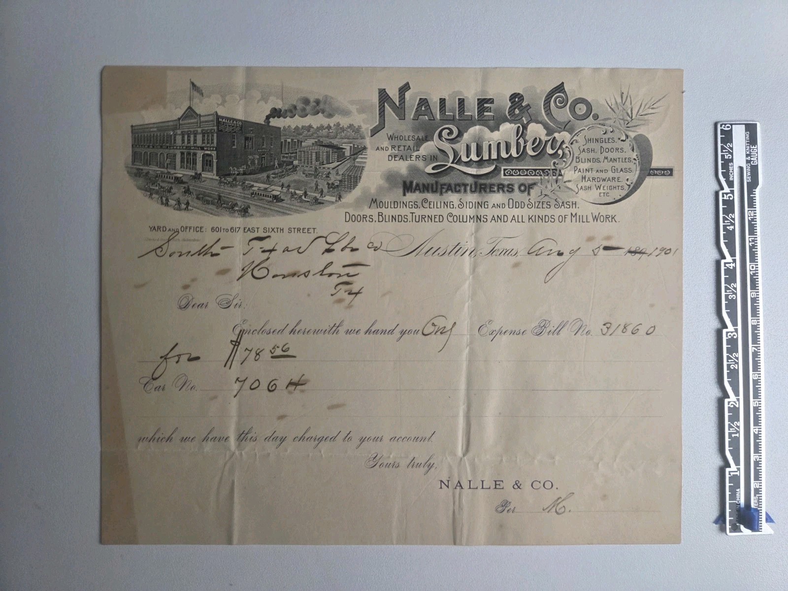 Nalle & Co Lumber Austin Texas Antique Illustrated Letterhead Expense  1901