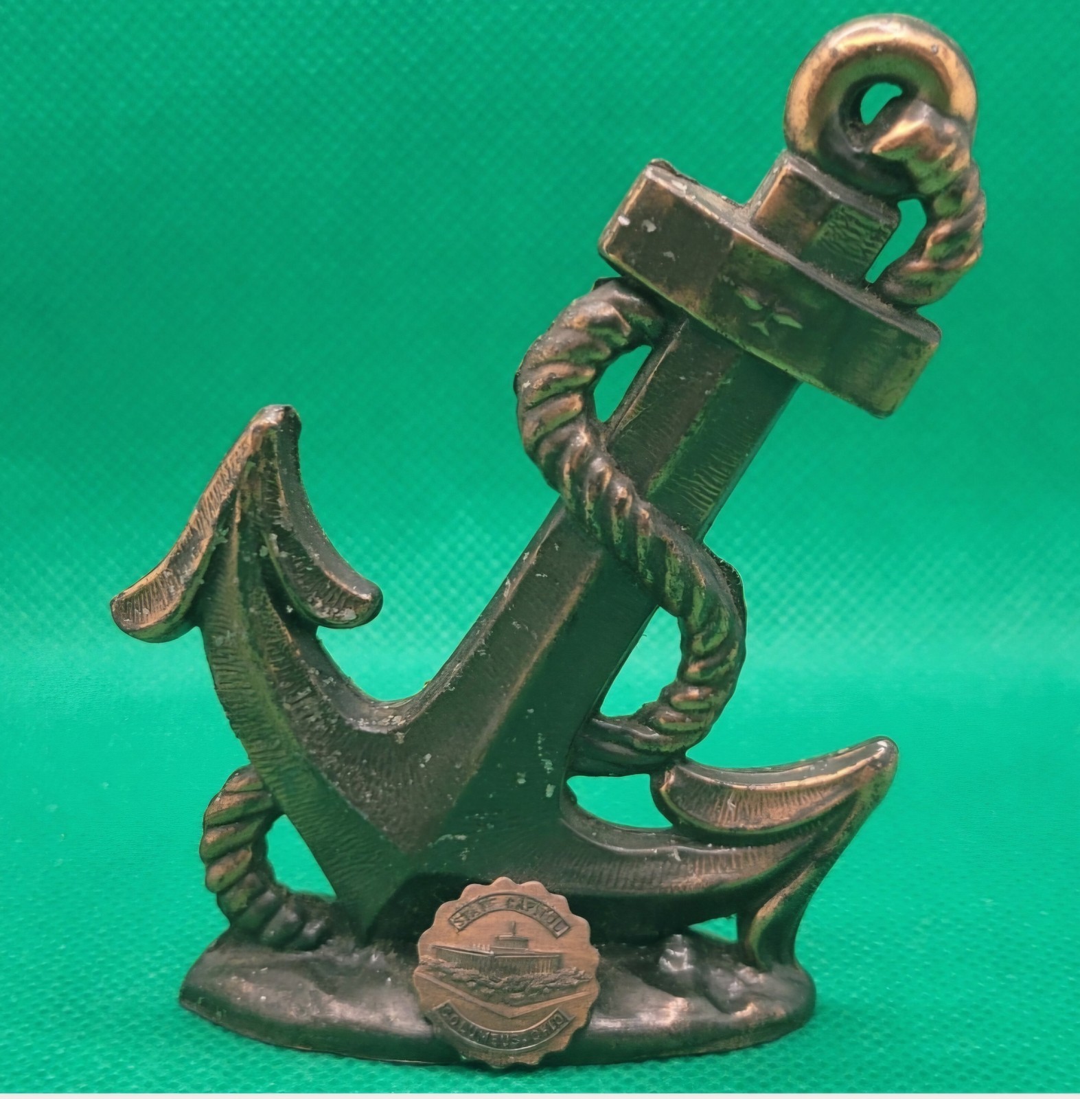 Vintage 1930s Brass Anchor Miniature Statue Columbus OH State Capital Souvenir