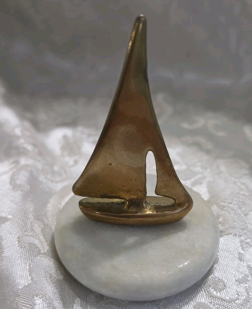 Vintage MCM Solid Brass Sailboat on Carrera Marble Paperweight 3.5 Inches Vintage MCM Solid Brass Sailboat on Carrera Marble Paperweight 3.5 Inches