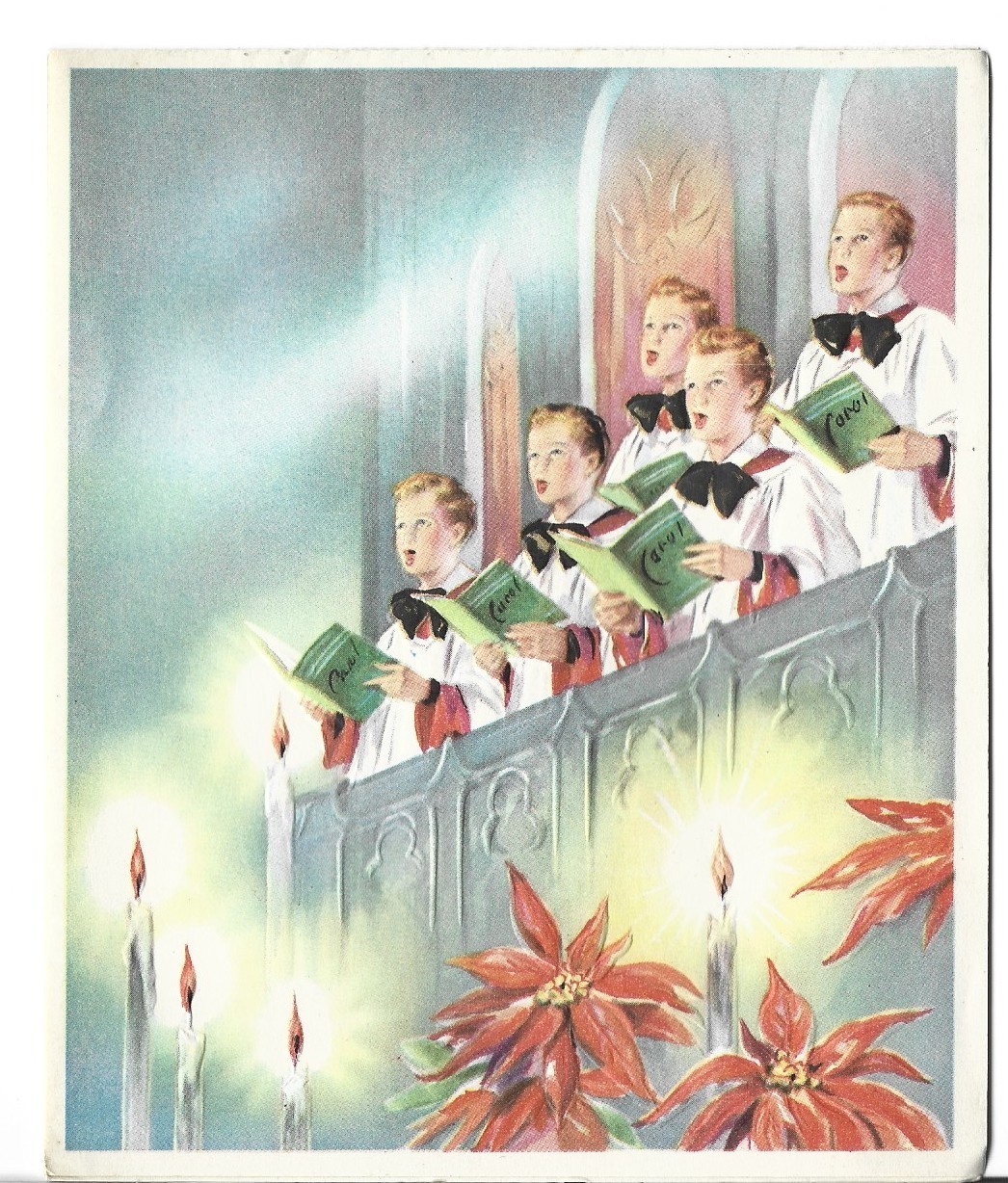VTG CHRISTMAS CARD 4.75X5.75 CHOIR BOYS SINGING CAROLS - RED POINSETTIAS