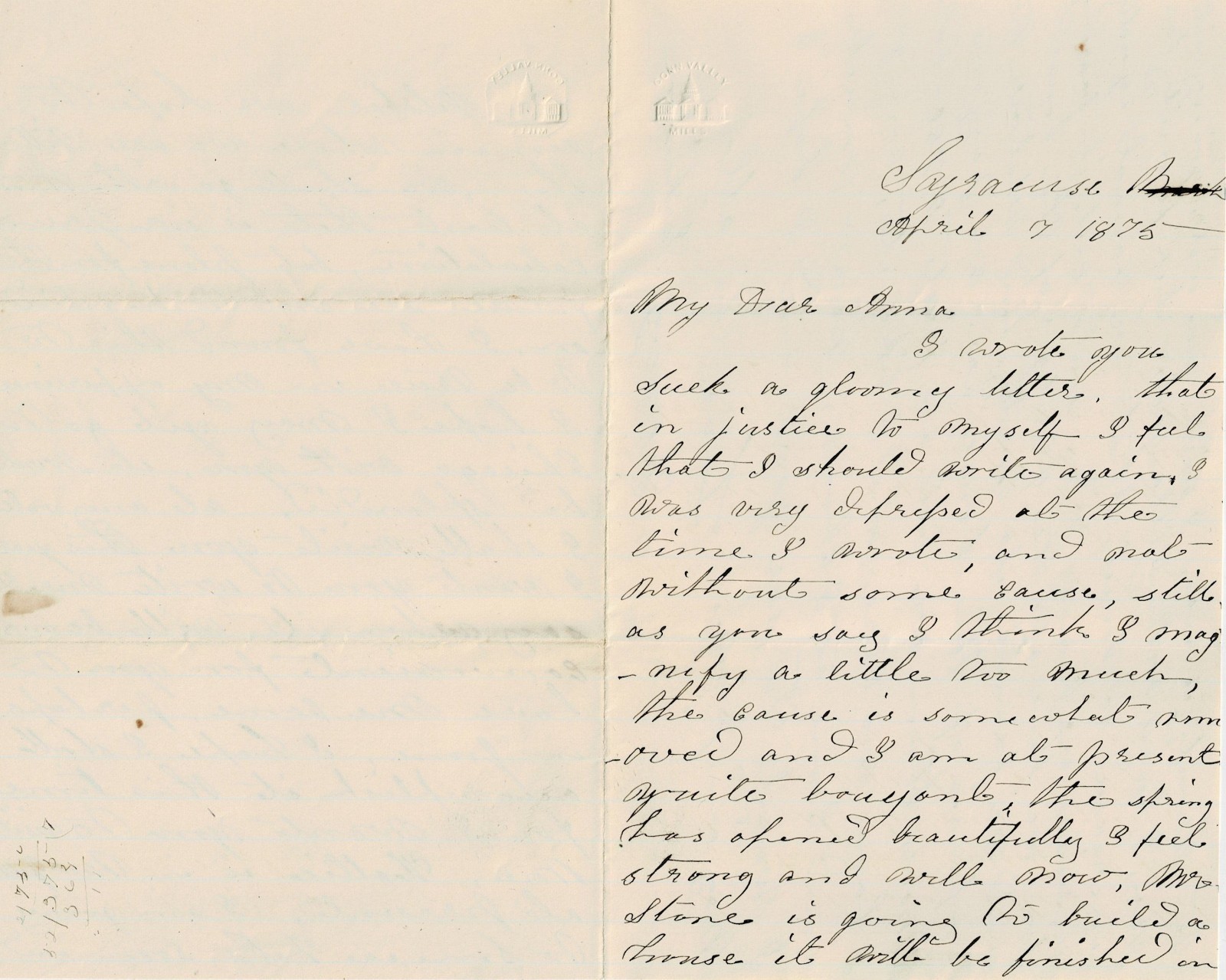 1875 Letter from Syracuse, NY