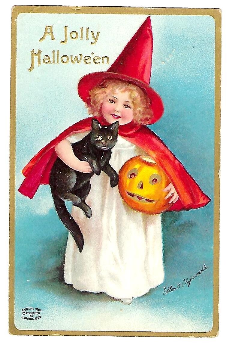 c1909 Signed Clapsaddle Halloween Postcard Young Witch Girl Holding Cat/Pumpkin