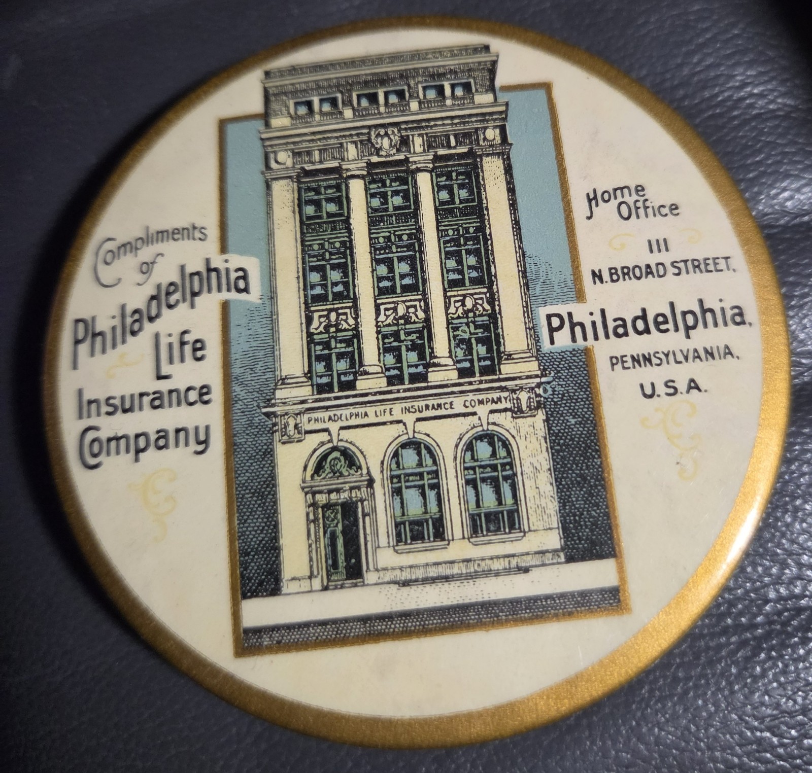 RARE Antique Advertising Pocket Mirror Philadelphia Life Insurance Company RARE Antique Advertising Pocket Mirror Philadelphia Life Insurance Company