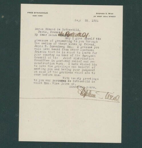 Letter Stephen Wise - Rabbi, NAACP Founder, FDR's Advisor, Zionist Leader 1931