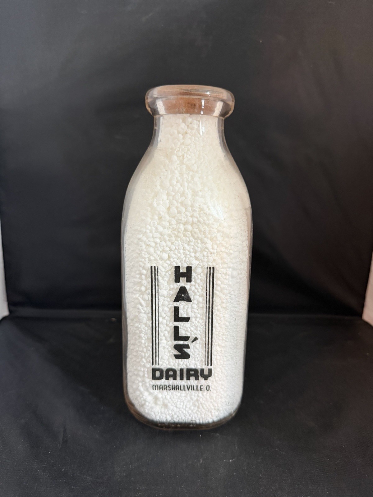 VINTAGE HALL'S DAIRY-MARSHALLVILLE, OHIO-QUART MILK BOTTLE-BLACK PYRO. VINTAGE HALL'S DAIRY-MARSHALLVILLE, OHIO-QUART MILK BOTTLE-BLACK PYRO.
