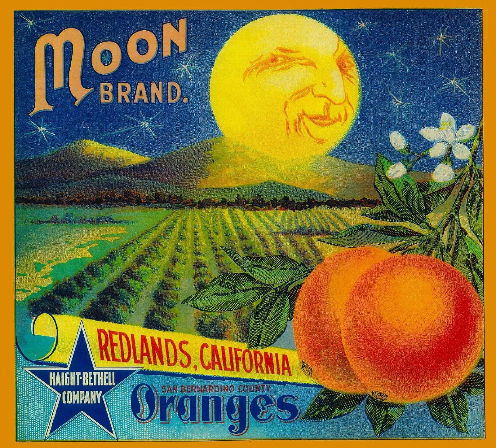 Redlands Moon Brand California Orange Citrus Fruit Crate Label Print