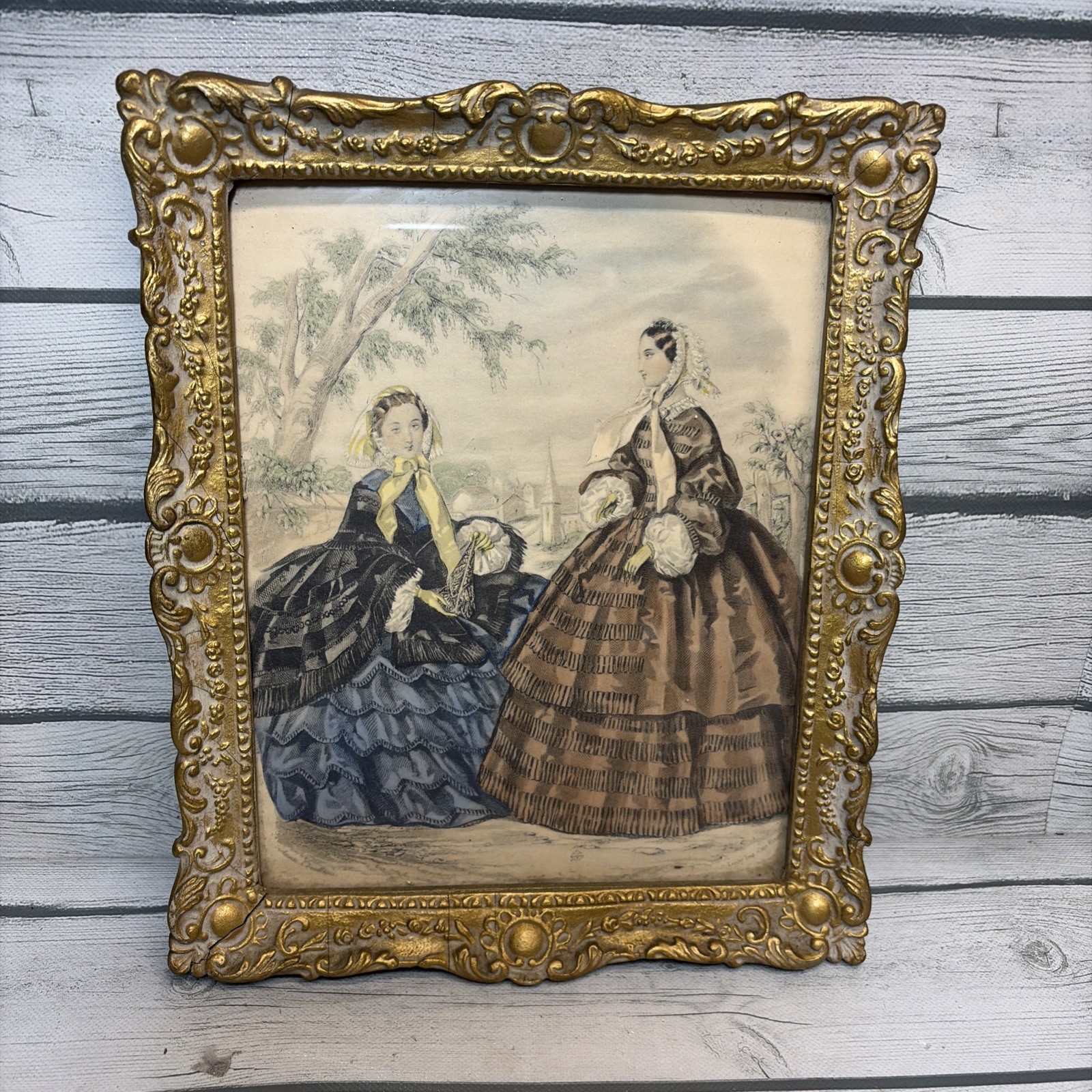 FANTASTIC VICTORIAN GOLD LEAF PLASTER PICTURE FRAME w ORIG. FRENCH FASHION PRINT