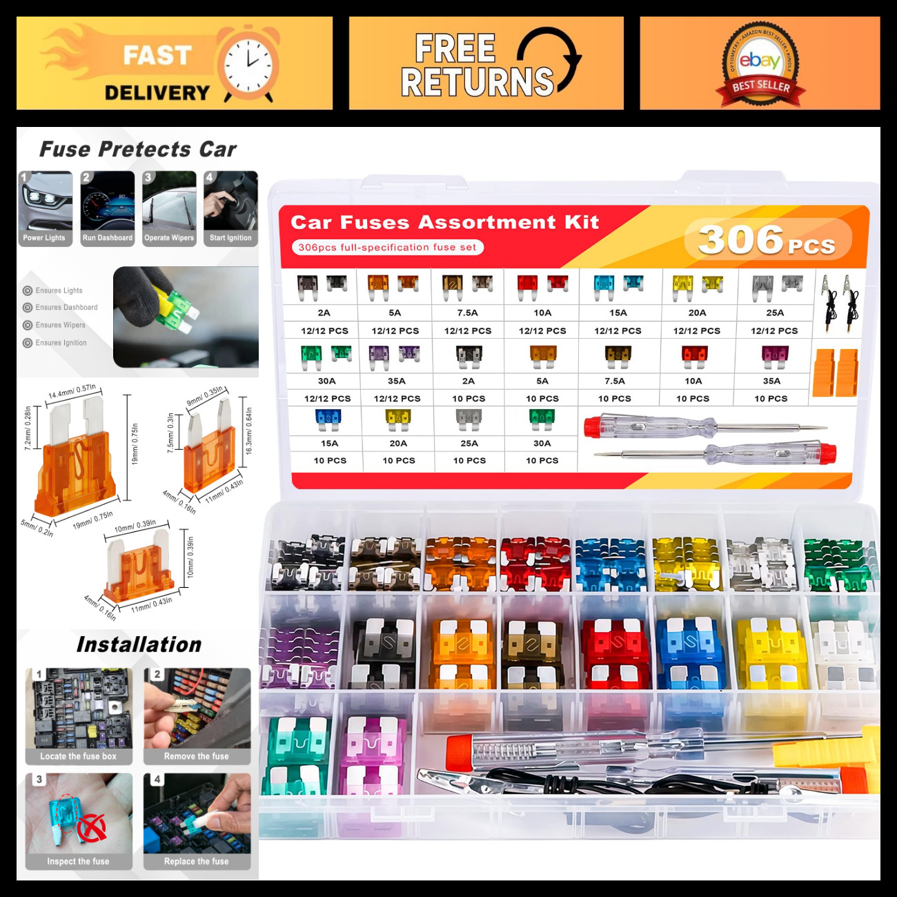 306 PCS Car Fuses Assortment Kit, Micro + Mini + Standard Blade Fuses Automotive