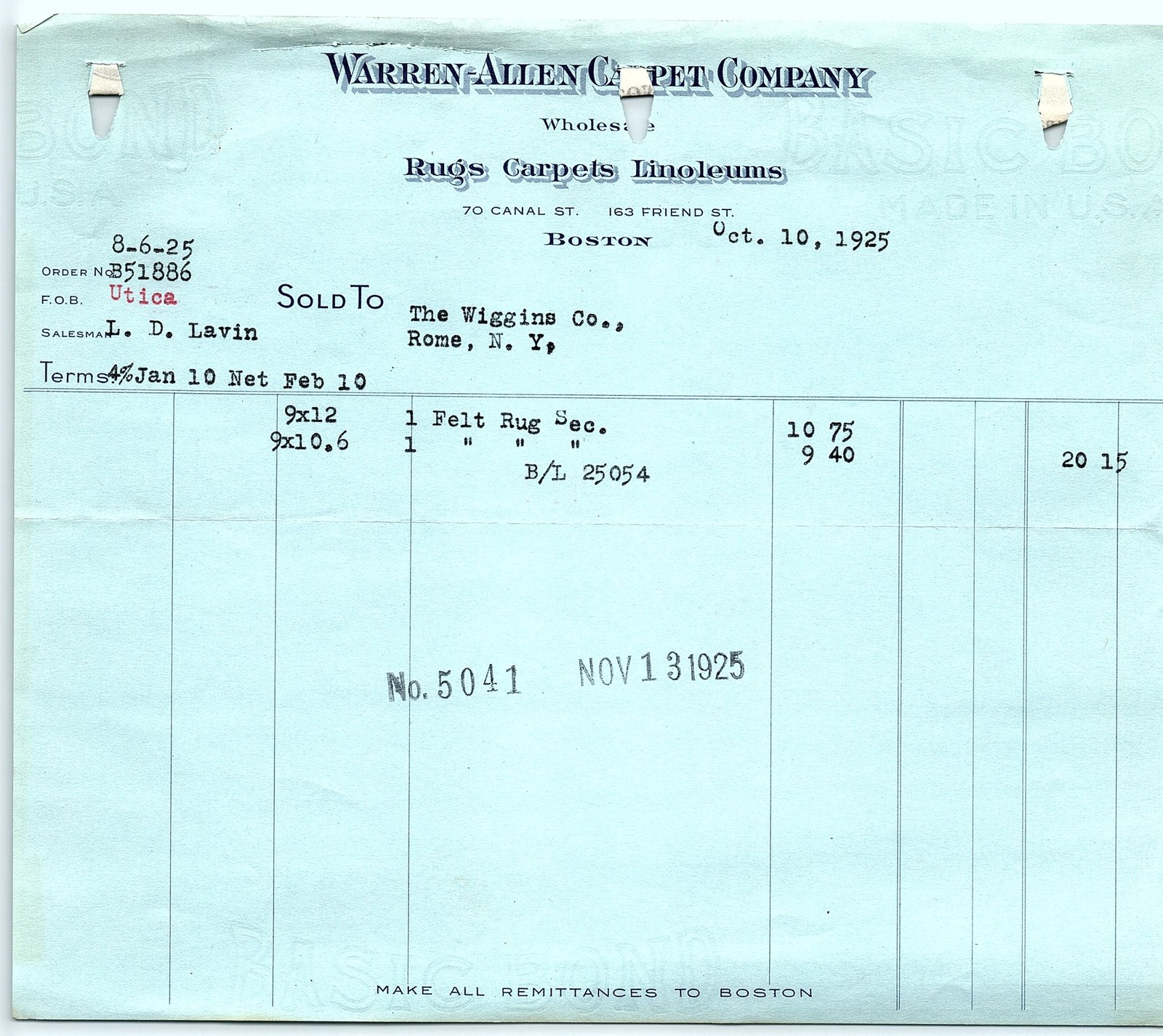 1925 Warren-Allen Carpet Co. Boston Rugs Billhead 1925 Warren-Allen Carpet Co. Boston Rugs Billhead