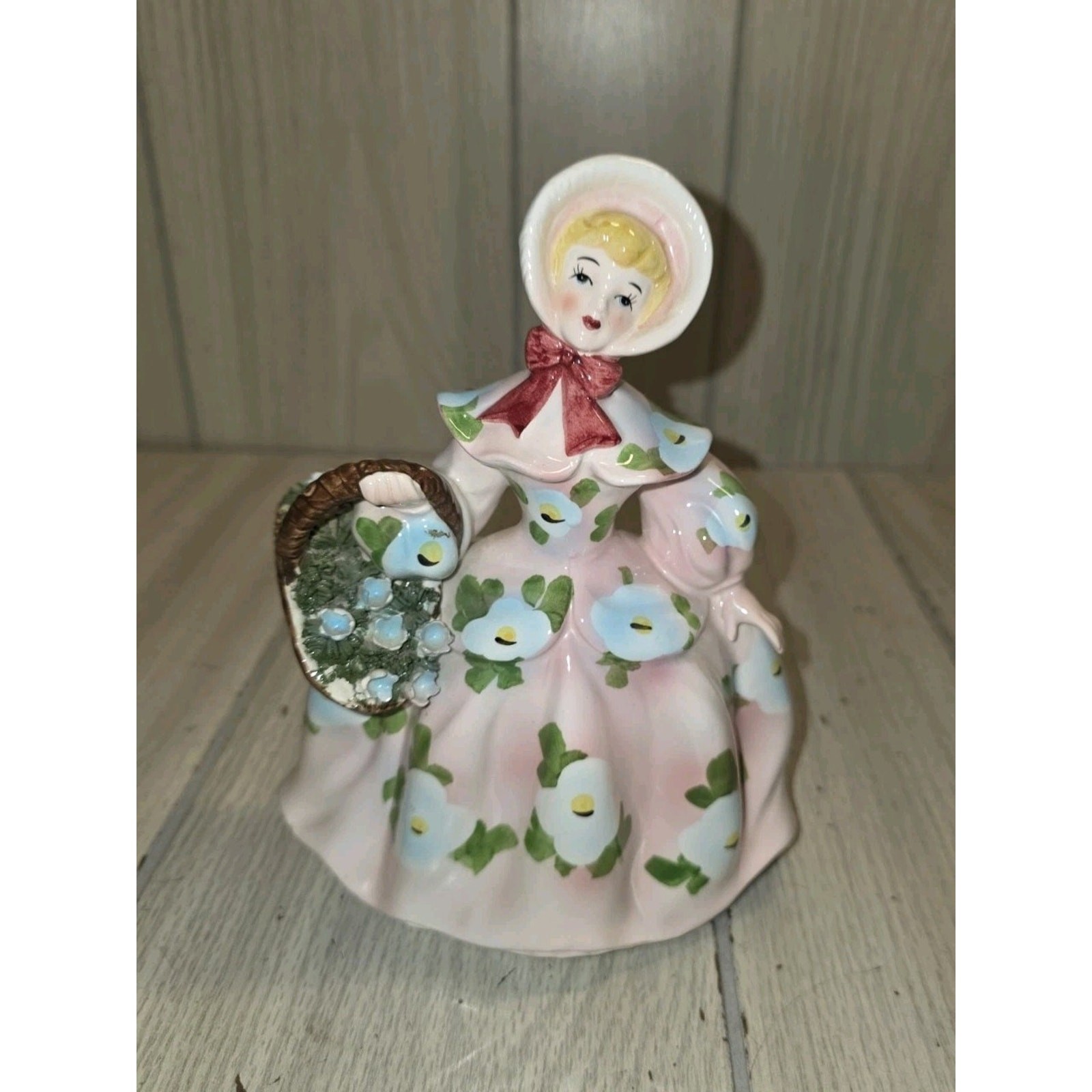 Vtg 1959 Relpo Flower Girl Basket Planter Samson Import Pink Dress Blue Flowers Vtg 1959 Relpo Flower Girl Basket Planter Samson Import Pink Dress Blue Flowers