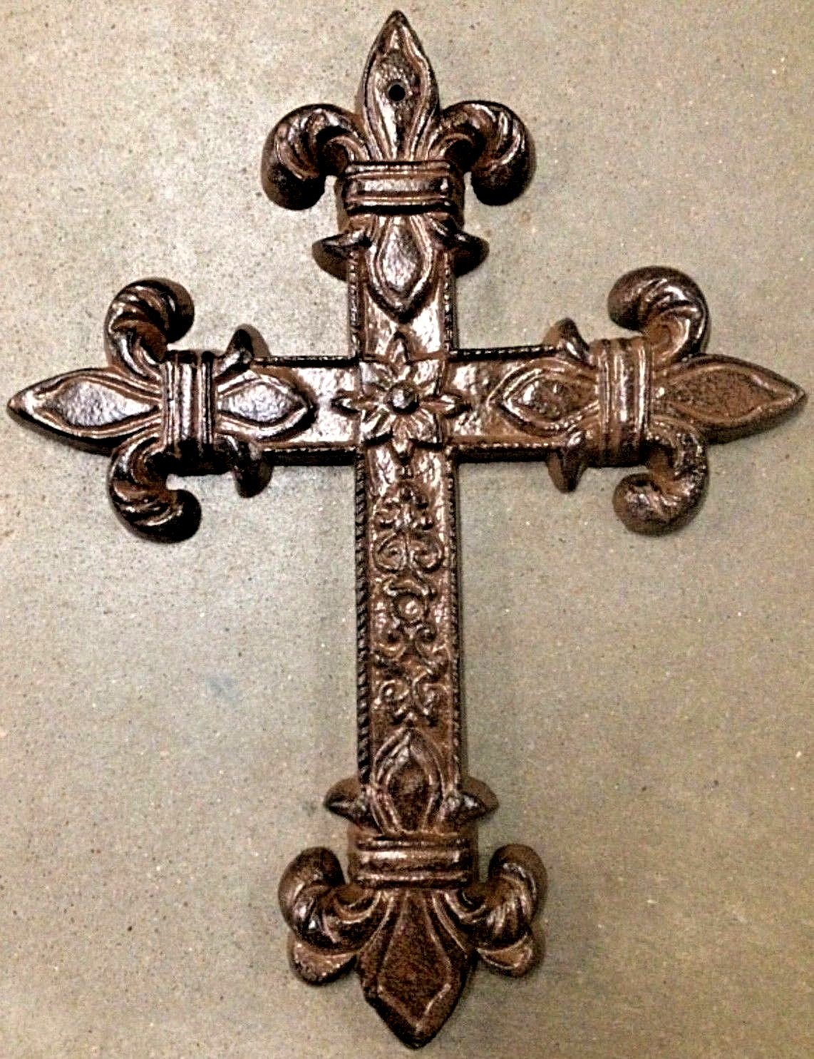 Large FLEUR DE LIS CROSS Antique Brown Patina Finish for wall mounting 9\ Large FLEUR DE LIS CROSS Antique Brown Patina Finish for wall mounting 9\