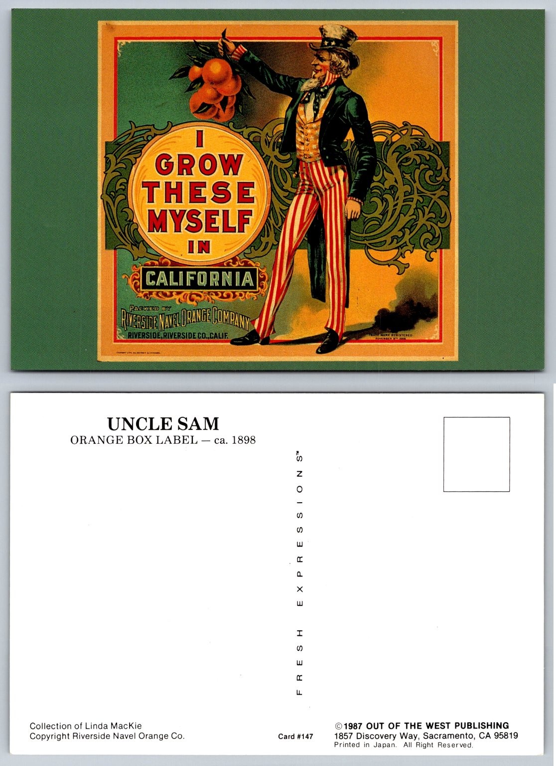1987 Uncle Sam California Orange Crate Label Art Postcard Riverside Navel 1987 Uncle Sam California Orange Crate Label Art Postcard Riverside Navel