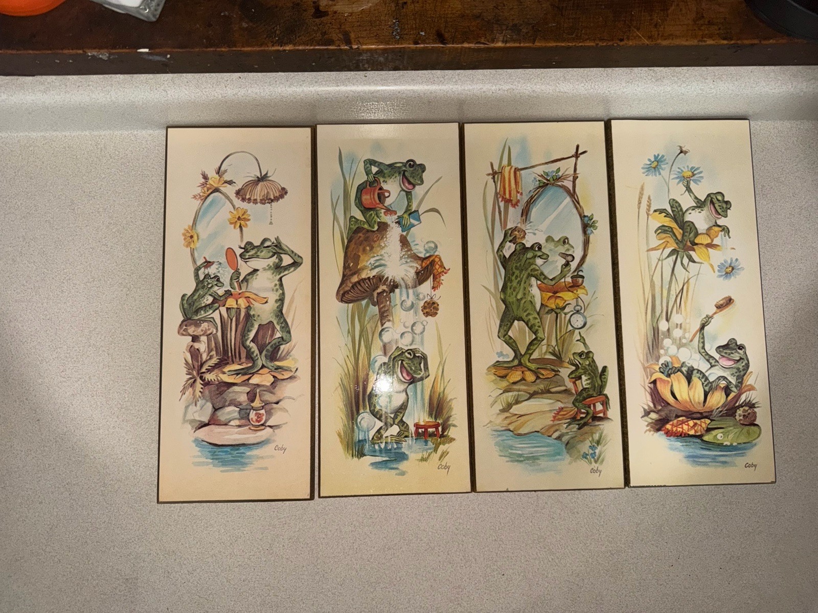 Vintage 1976 Coby Anthropomorphic Frog Bathroom Wall Art Prints Wooden Set of 4