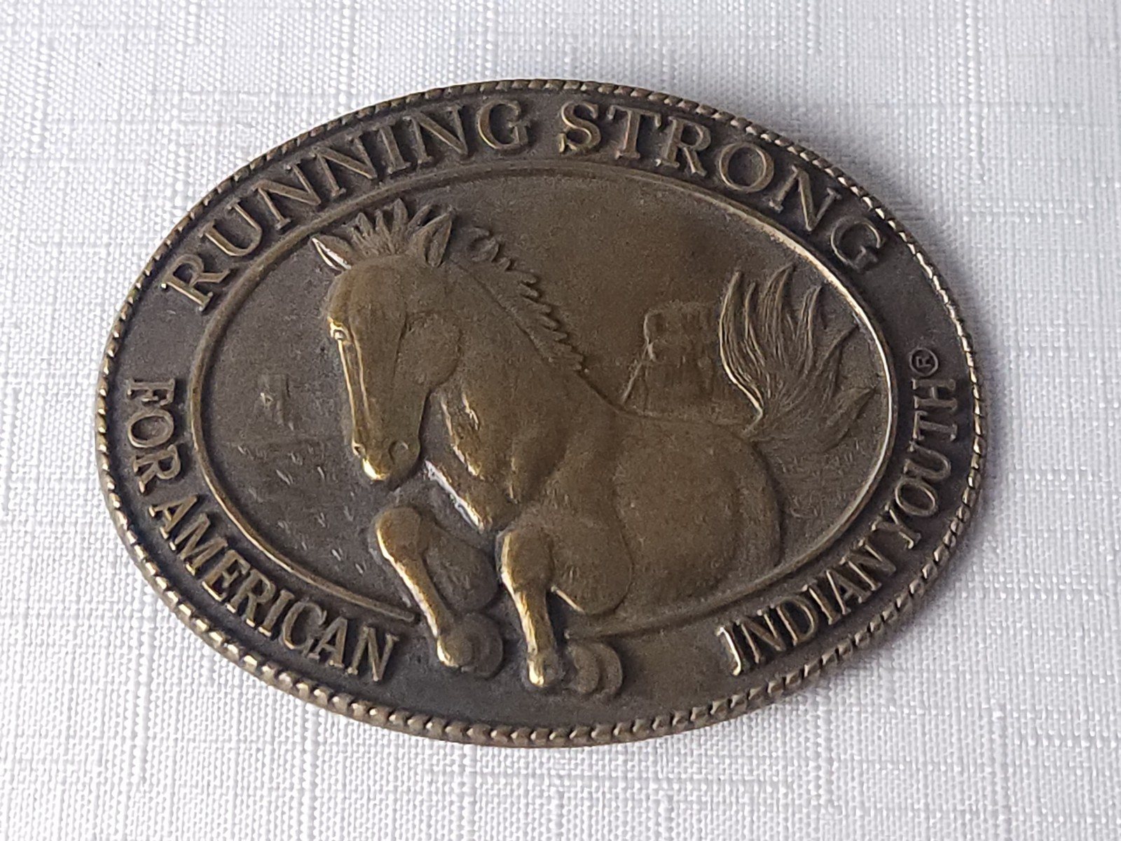 Vintage 1996 Running Strong American Indian Youth Bronze Belt Buckle Billy Mills