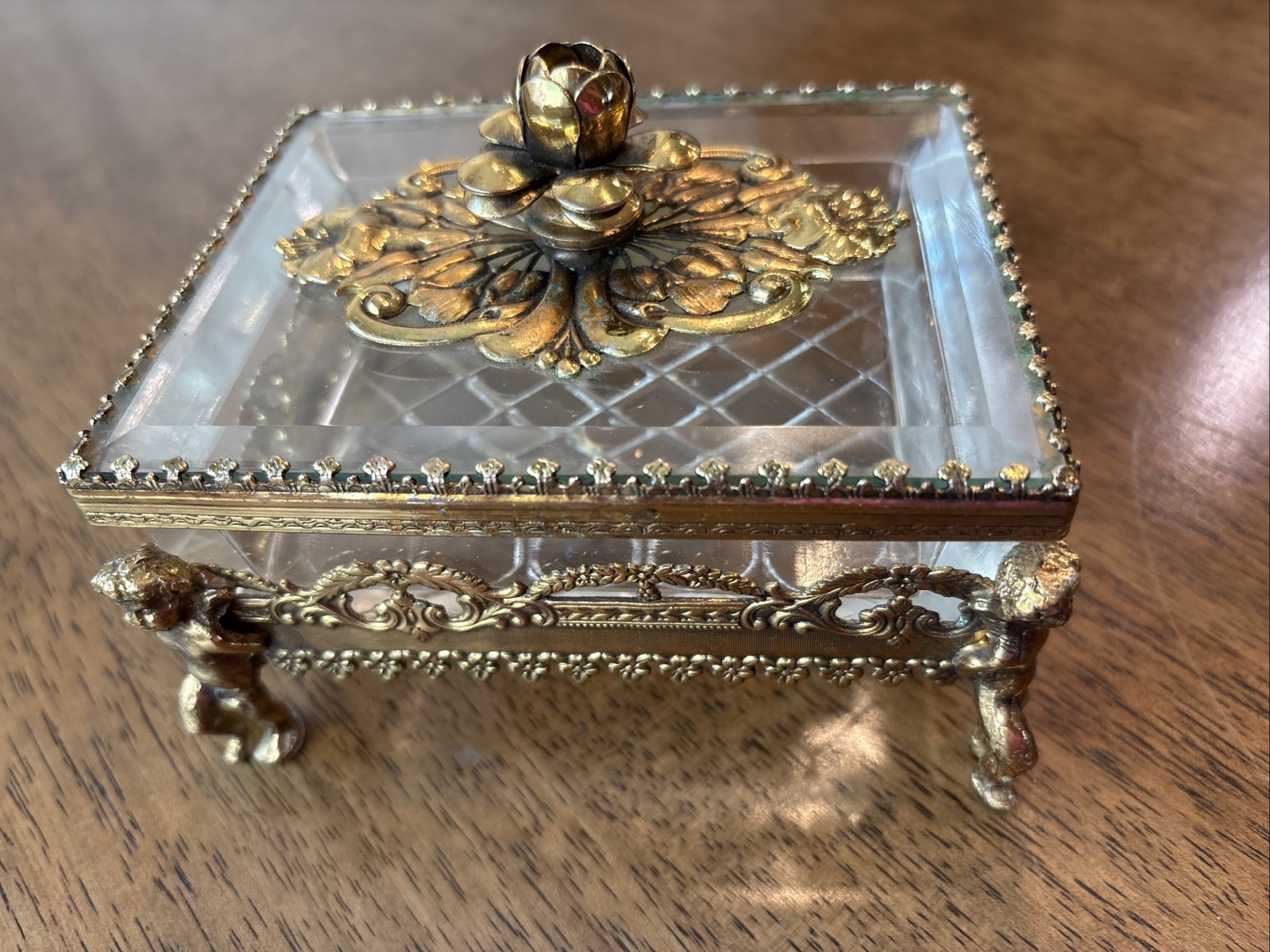 Vintage Matson Style Gilt Ormolu Beveled Glass Jewelry Box Casket Cherub Rose 5”