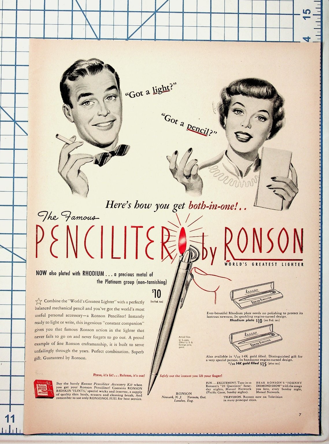 Vintage 1950s Ronson Penciliter Ad Magazine Print Rhodium Gold Filled Lighter Vintage 1950s Ronson Penciliter Ad Magazine Print Rhodium Gold Filled Lighter