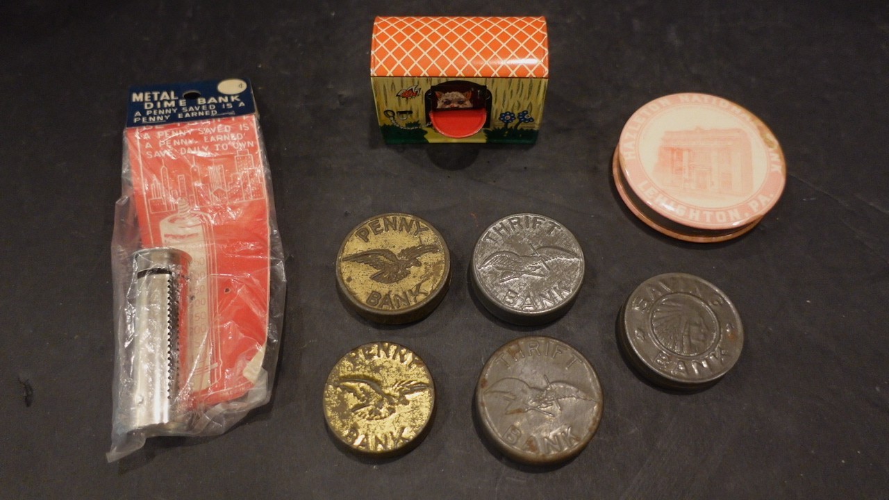 LOT # 1 - VINTAGE TIN MINIATURE BANKS -COINS + MECHANICAL ++++ LOT # 1 - VINTAGE TIN MINIATURE BANKS -COINS + MECHANICAL ++++