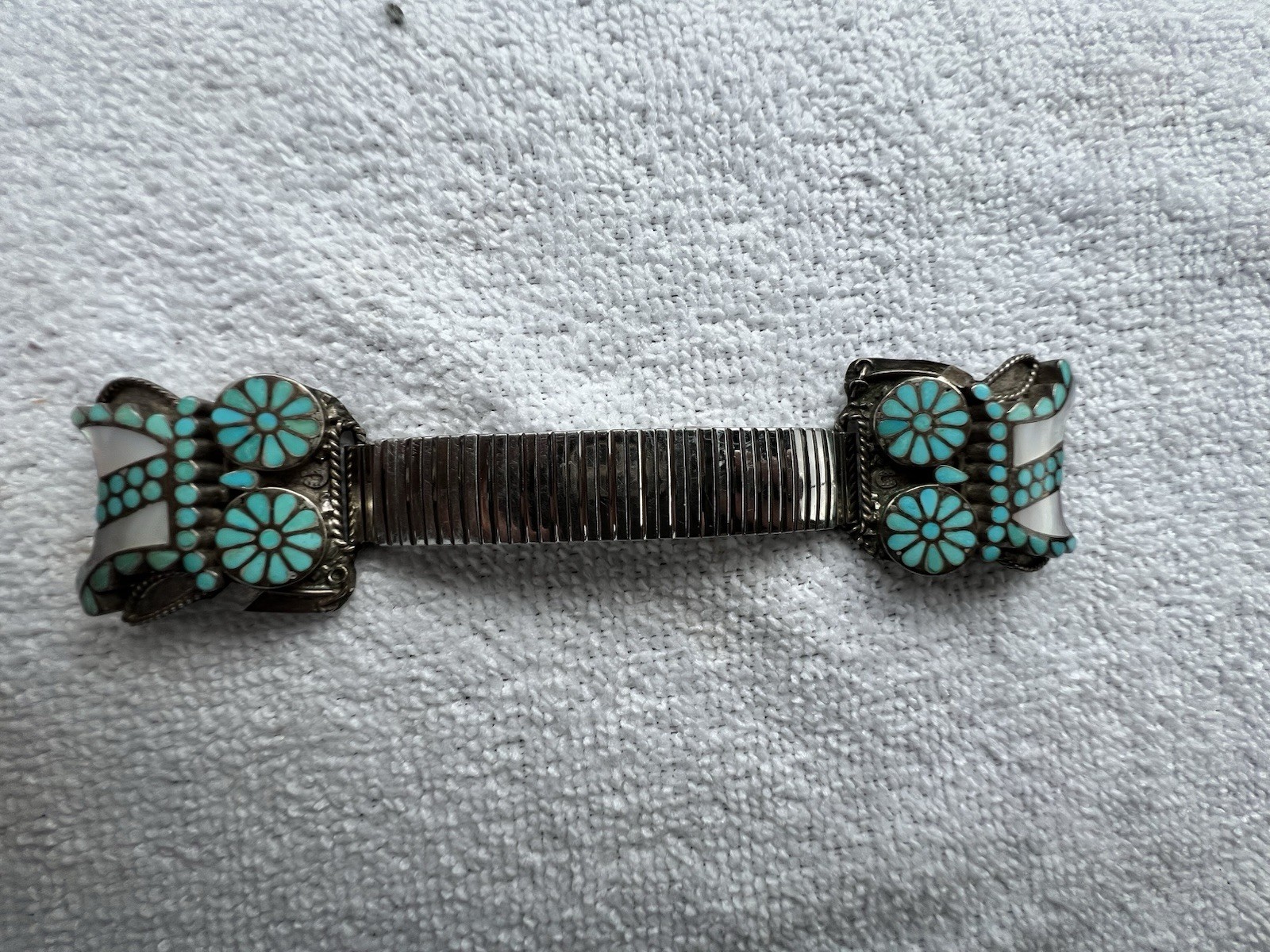 VTG Zuni Turquoise Mother of Pearl Owl Watch Tips Sterling Silver VM Dishta S/S