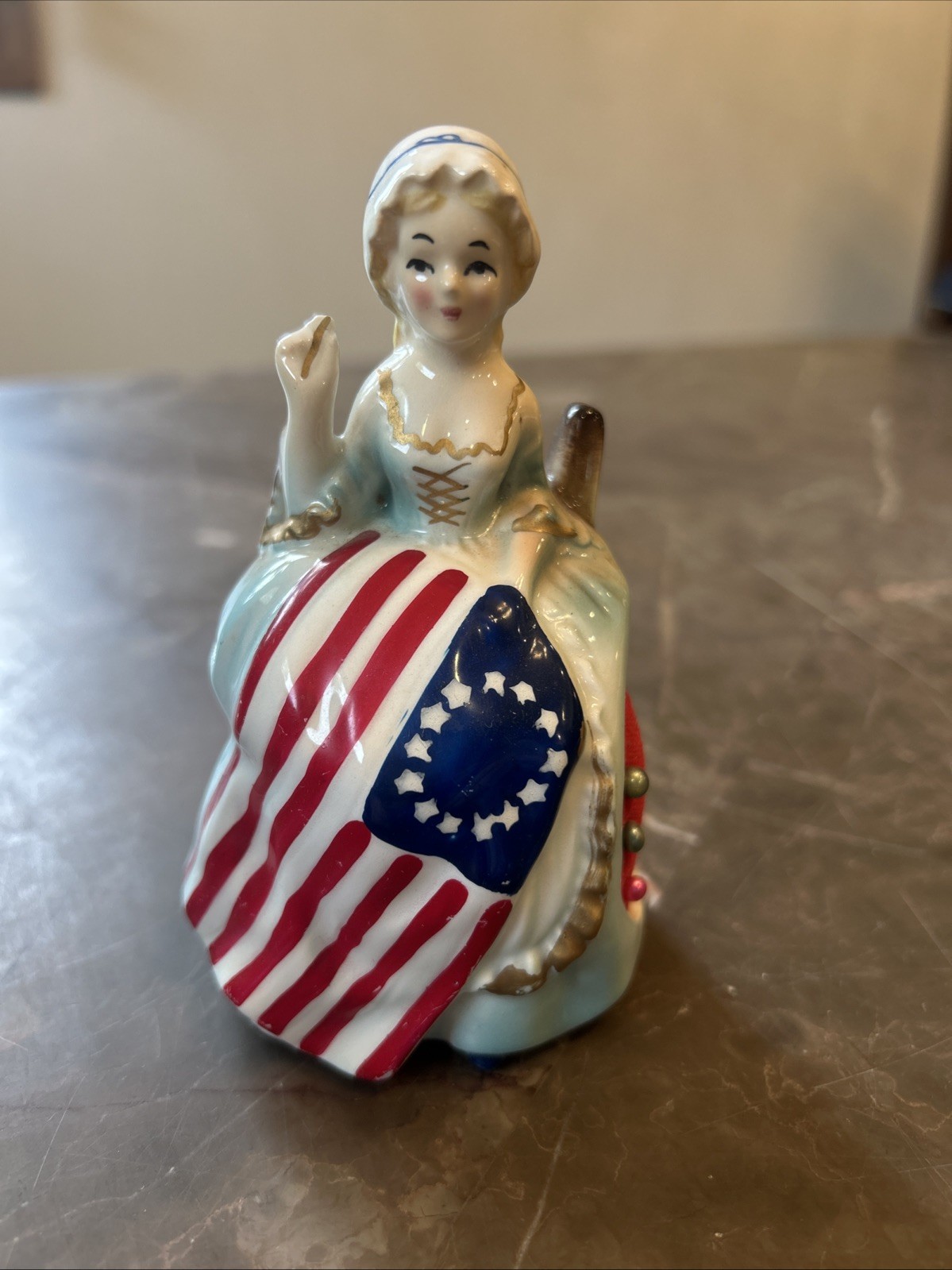 Vintage Betsy Ross Tape Measure Pin Cushion 1976 Enesco Japan Bi-Centennial Item
