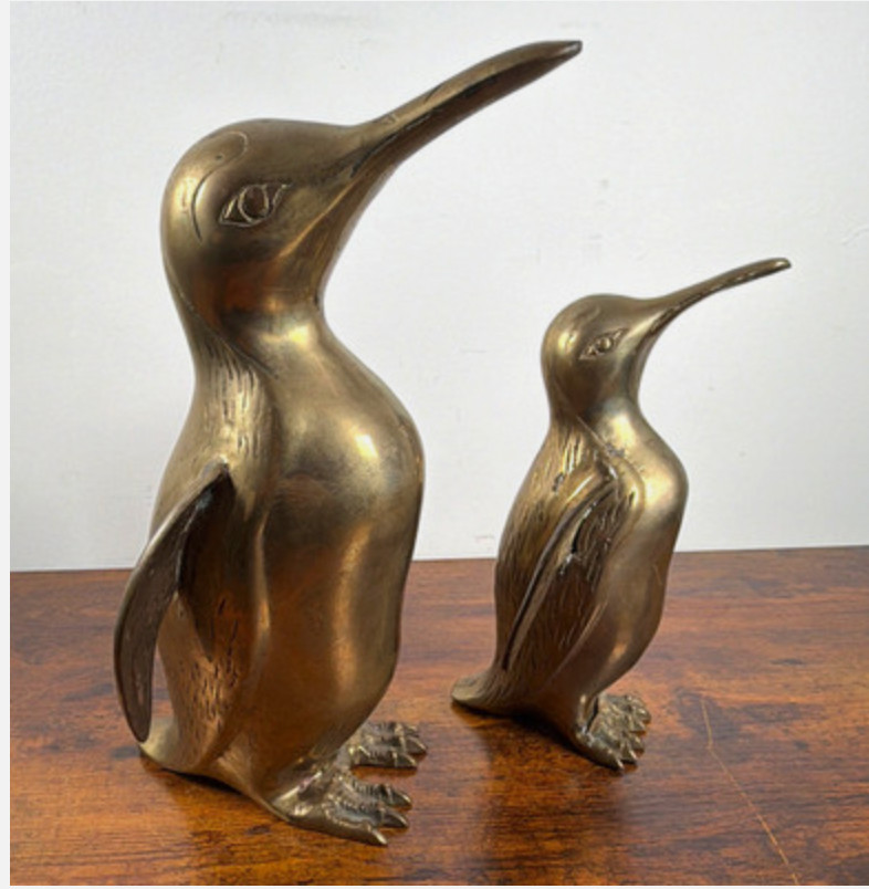 Set of 2 Vintage Solid Brass Penguin Pair 10” & 8” Hollywood Regency MCM Decor