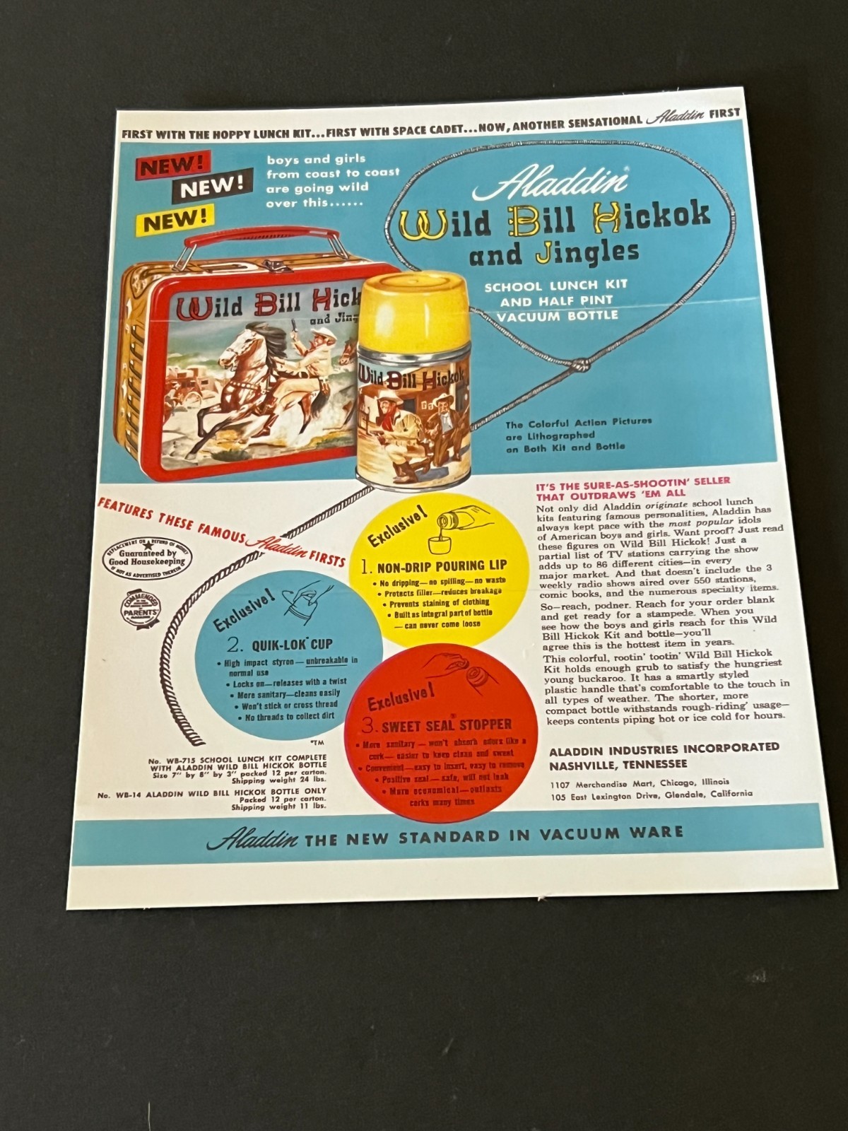 1955 Aladdin Wild Bill Hickok & Jingles School Luch Kit In store Display Sign- 1955 Aladdin Wild Bill Hickok & Jingles School Luch Kit In store Display Sign-