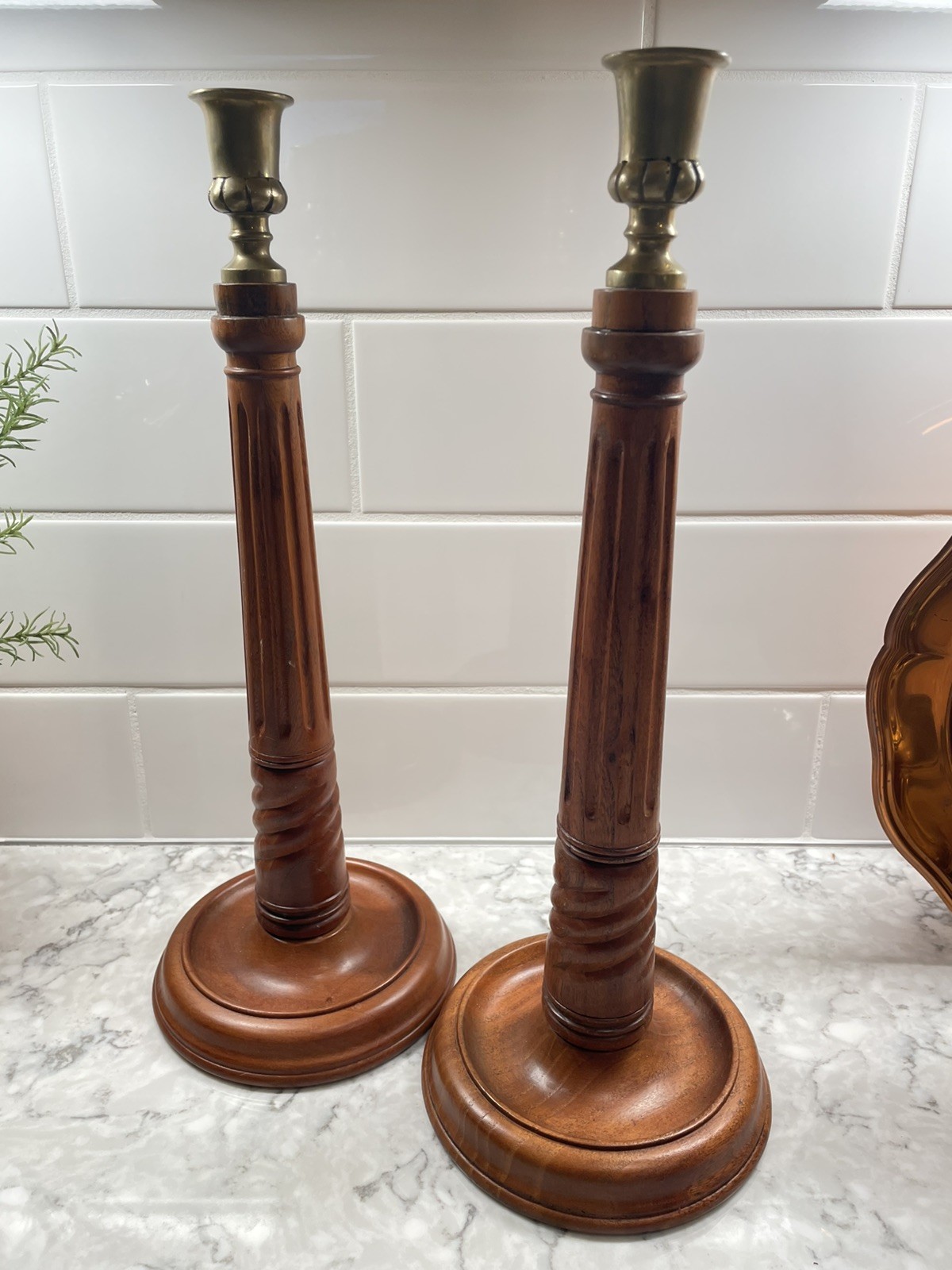 Vintage 19th Century Carved Mahogany Wood and Brass Georgian Candlesticks 16” Vintage 19th Century Carved Mahogany Wood and Brass Georgian Candlesticks 16”