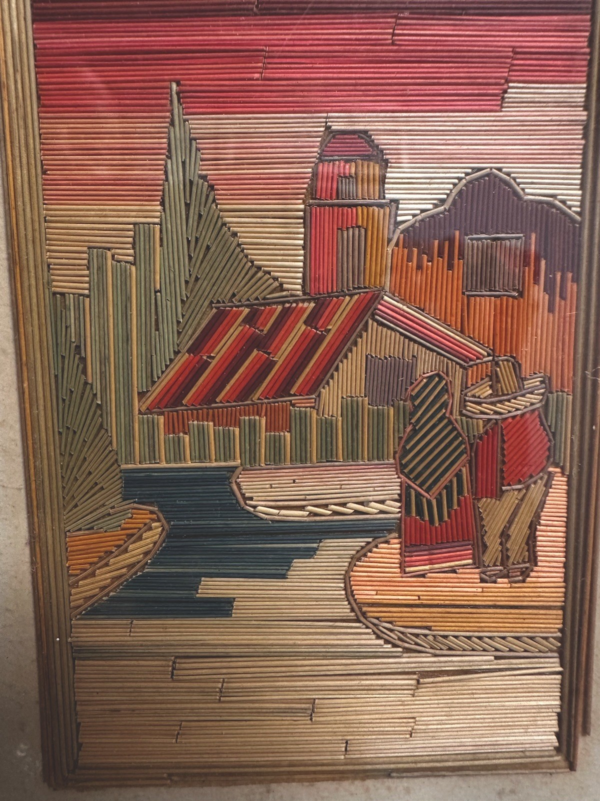 Vintage Asian Folk Art Straw Marquetry Village Scene Framed Handmade Wall Art