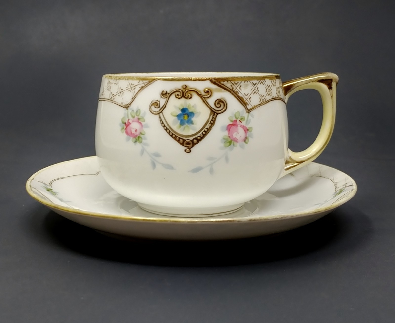 Antique Hand Painted Nippon Porcelain Teacup & Saucer Gold Trim K Mark 1910–1921