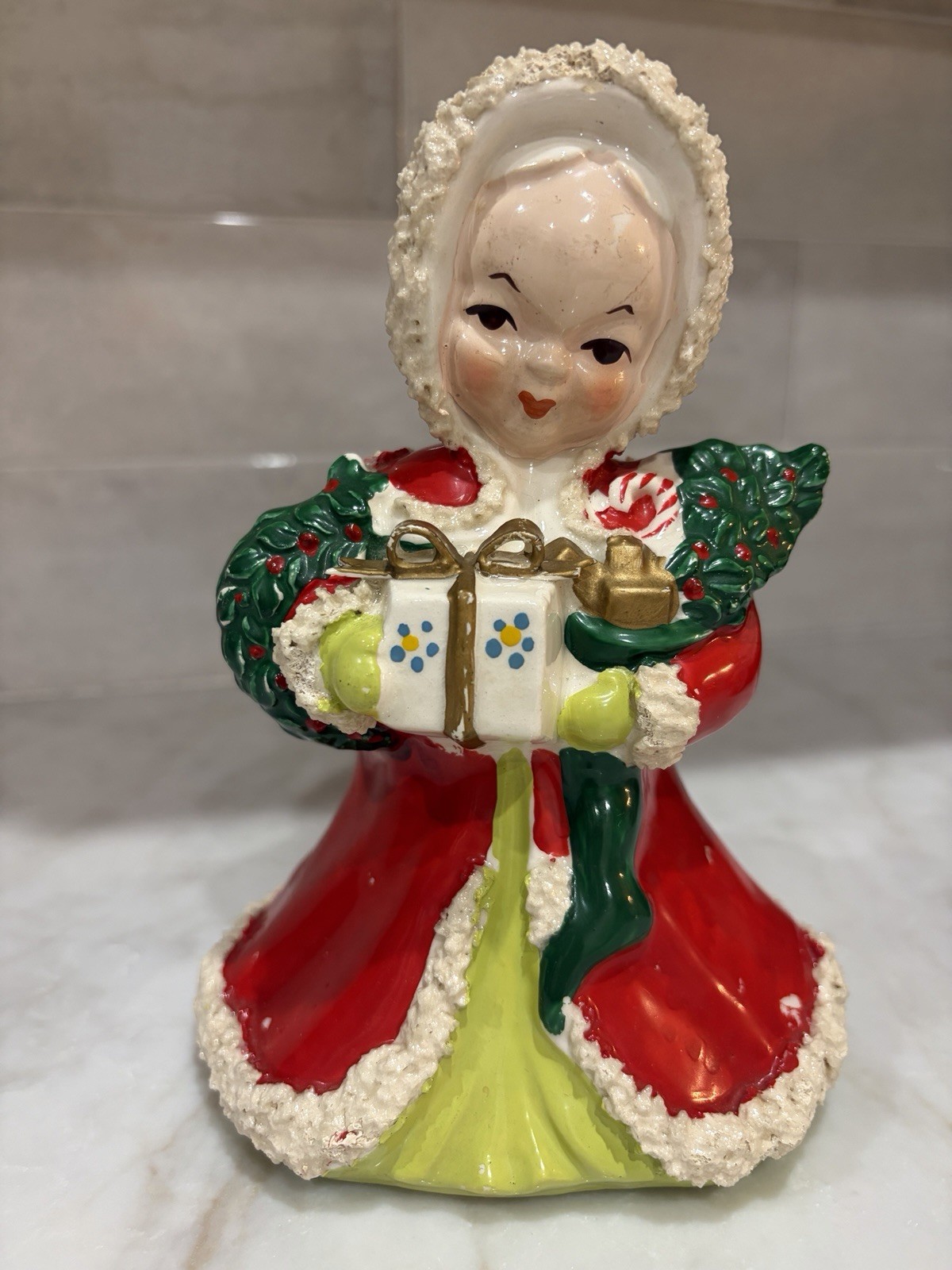 Vtg. 1950s CK Japan Ceramic Christams Girl Planter Spaghetti Trim Figurine Vtg. 1950s CK Japan Ceramic Christams Girl Planter Spaghetti Trim Figurine