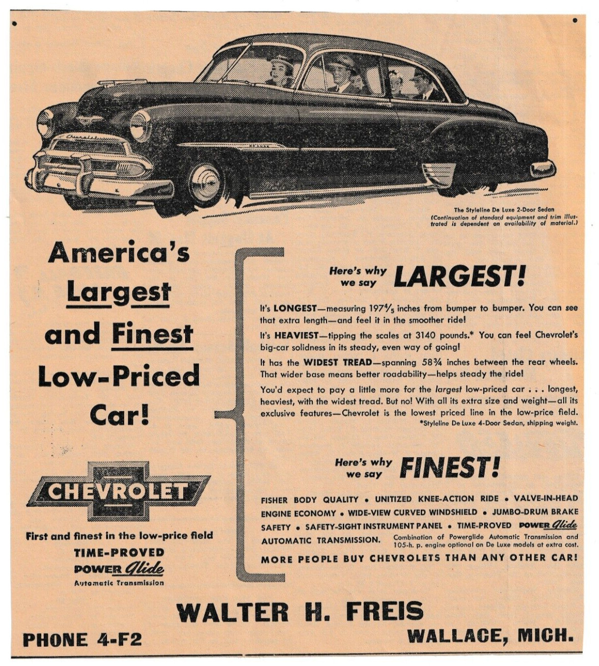 WALTER H. FREIS CHEVROLET STYLELINE DE LUXE 2-DOOR SEDAN WALLACE 1951 print ad