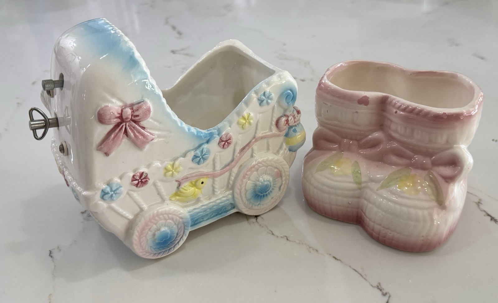 Lot Of 2 Vtg Ceramic Planters Japan Nursery Bootie Cradle Kitschy LUV Imports