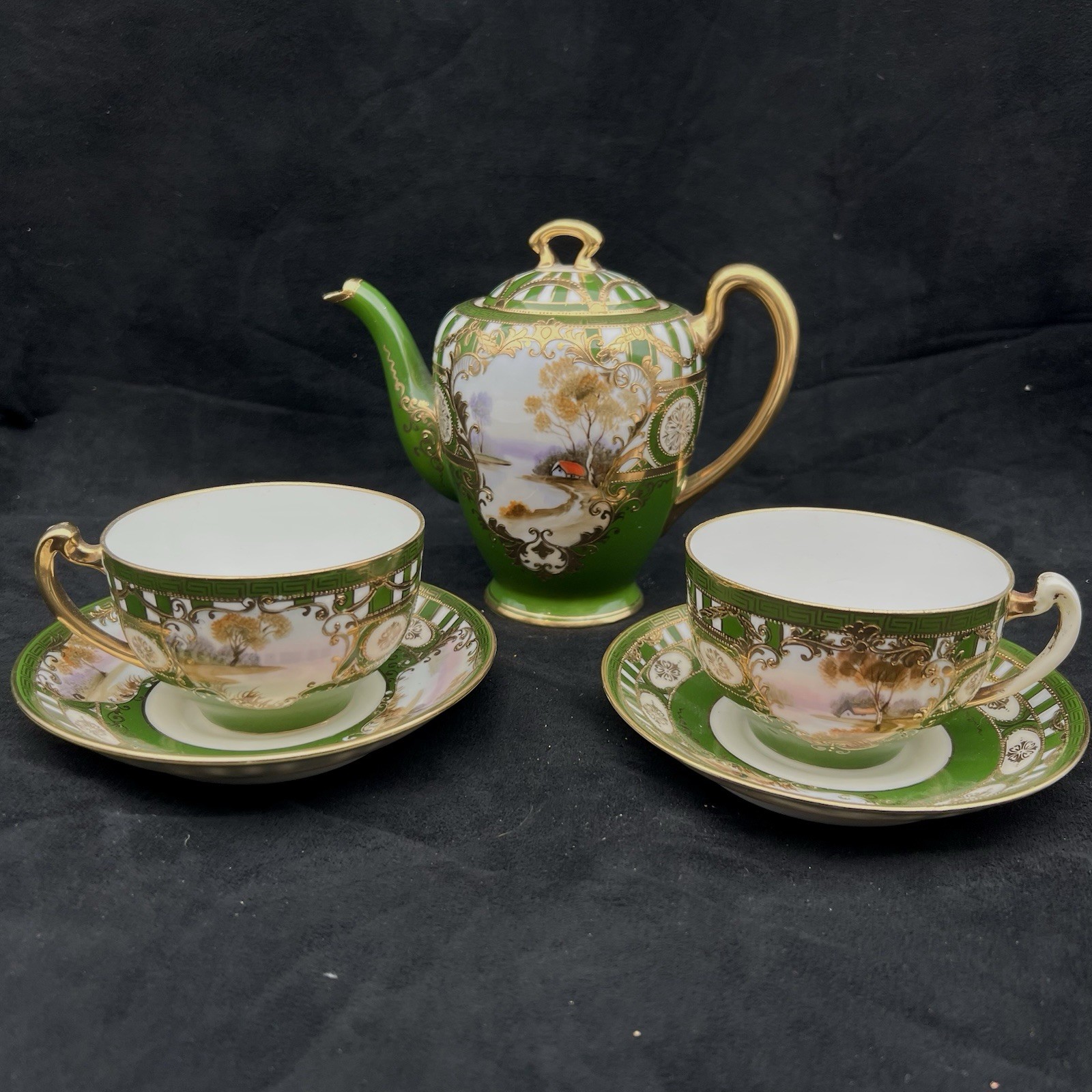 Antique Nippon Morimura Hand Painted Scenic 5pc Tea Set Green Raised Gold M Mark