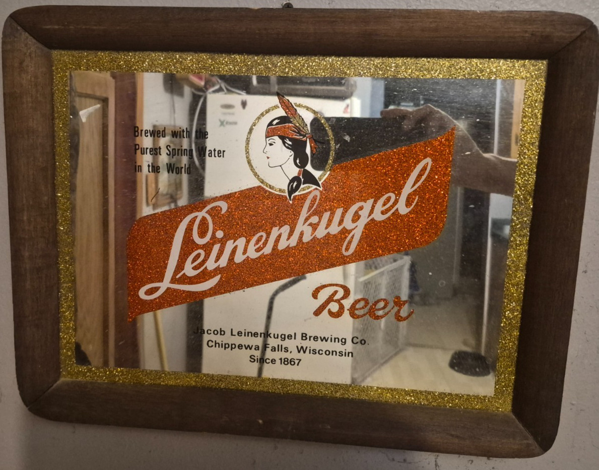 Vintage Leinenkugel’s Beer Advertising Mirror Wood Frame Made in Hong Kong Vintage Leinenkugel’s Beer Advertising Mirror Wood Frame Made in Hong Kong