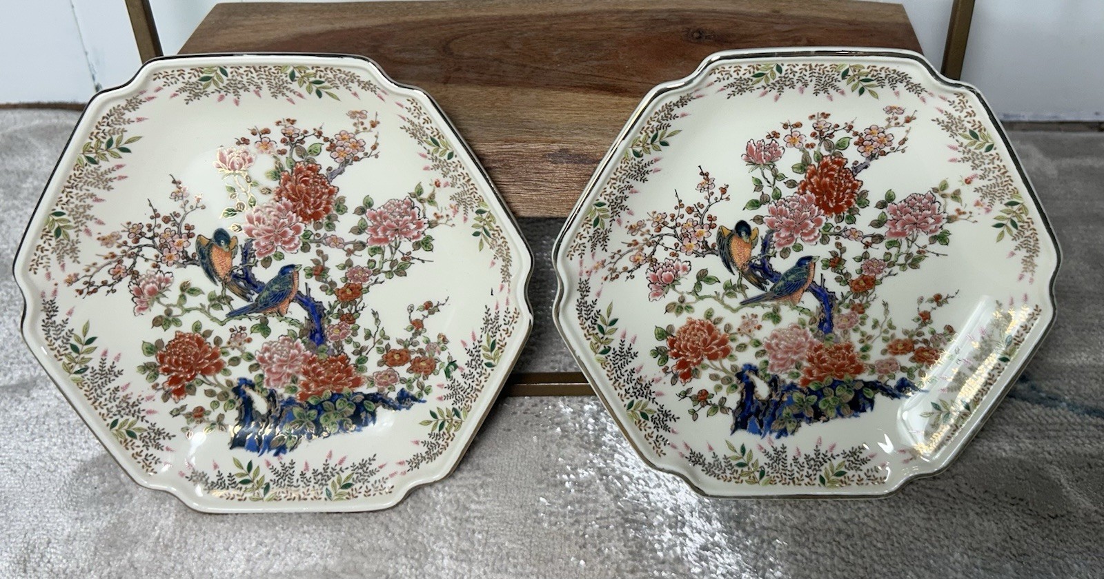 2 Vintage Japanese Kutani Porcelain Plates 8” Octagonal Bird Peony Gold Accents