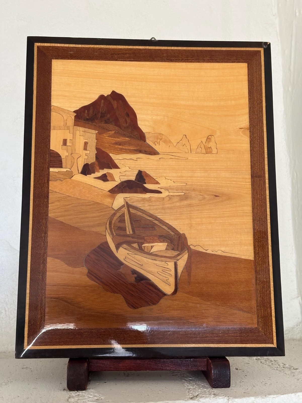 Vintage Wood Marquetry Wall Art Fishing Boat Rocks of Capri Wood Inlay Picture