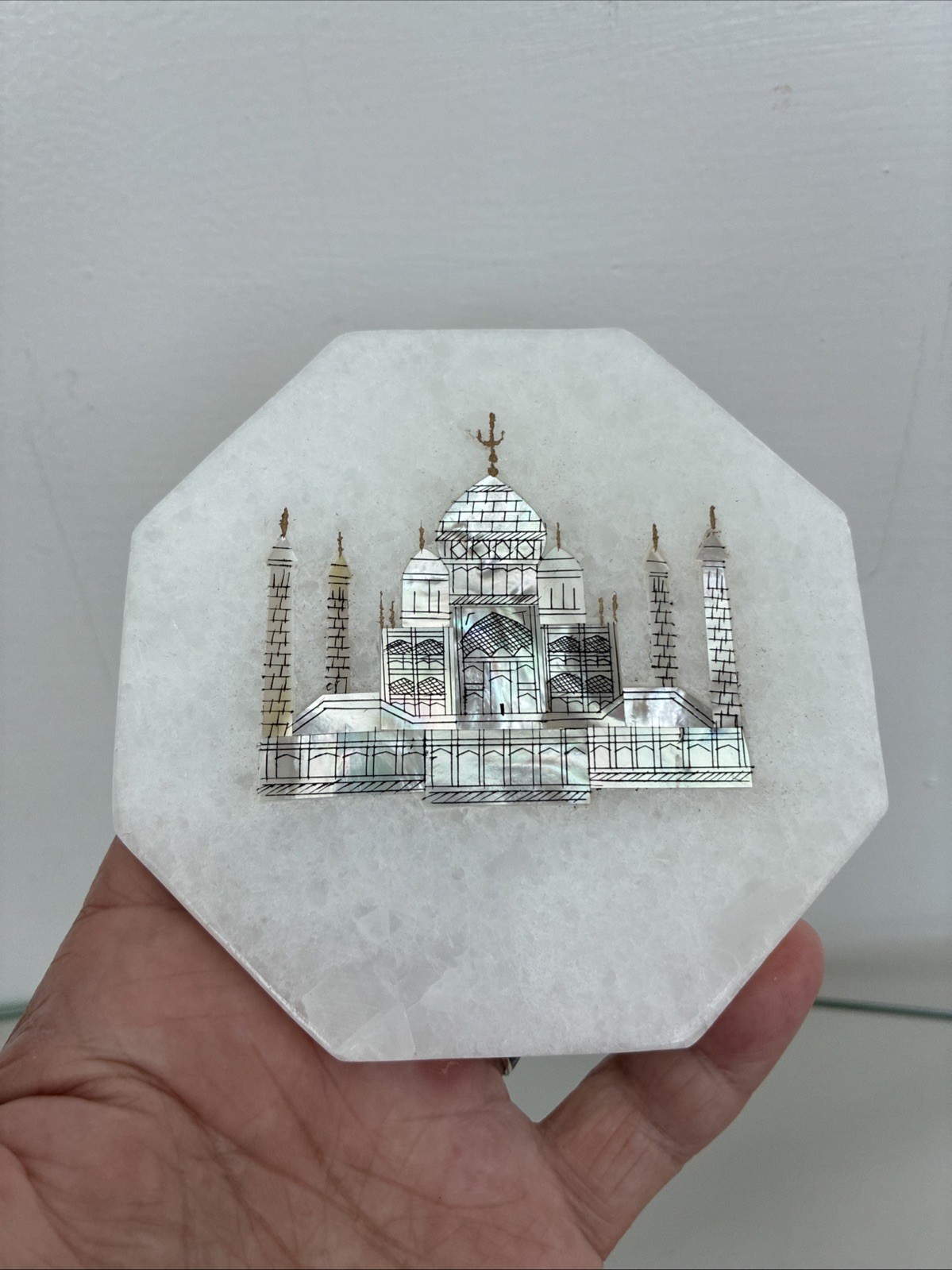 Vintage Indian Taj Mahal Marble Coaster Abalone Shell