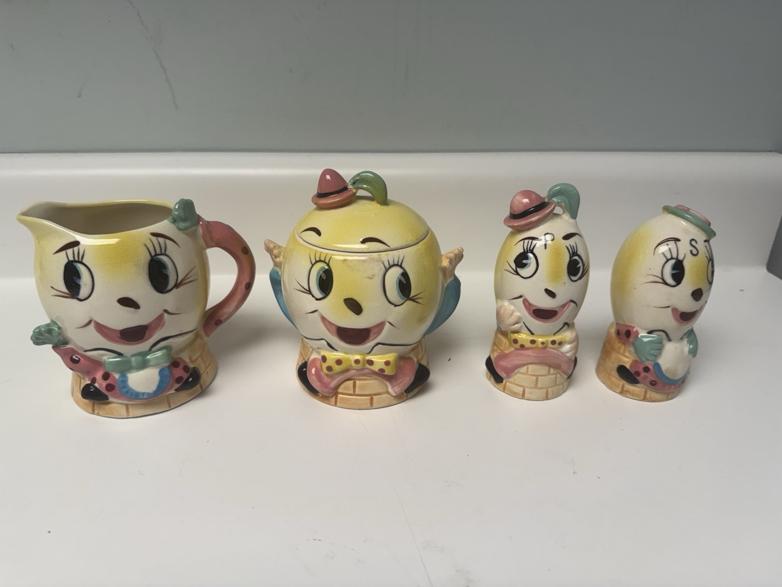 Vintage 1950\'s Anthropomorphic Humpty Sugar Bowl, Creamer, Salt & Pepper Set