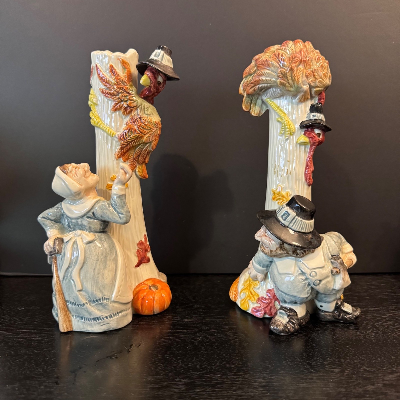 Vintage 1990 Fitz And Floyd Pilgrims Progress Thanksgiving Candlesticks Boxed Se