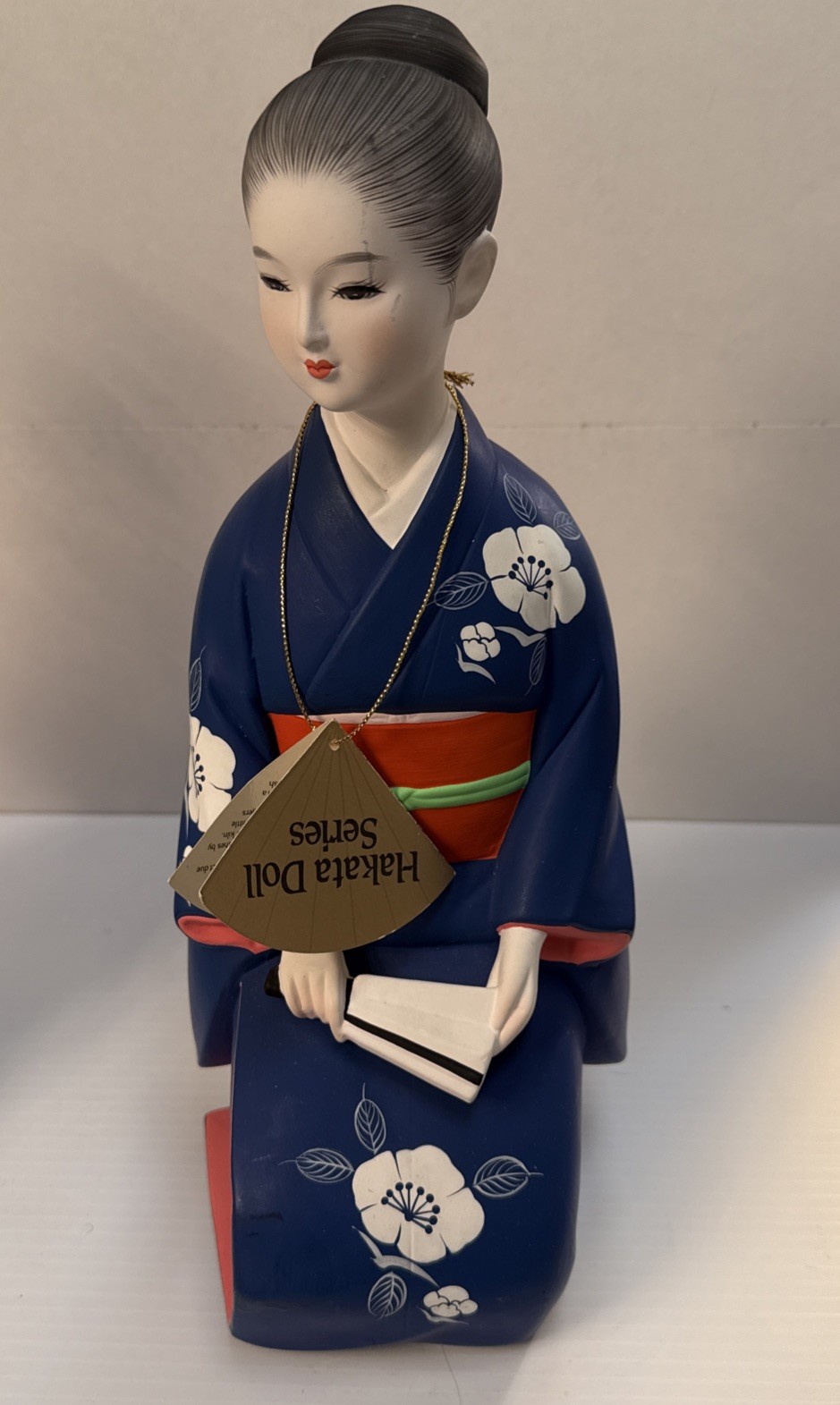 Beautiful Hand-painted Japanese Hakata Doll Kneeling in Blue and Orange Kimono