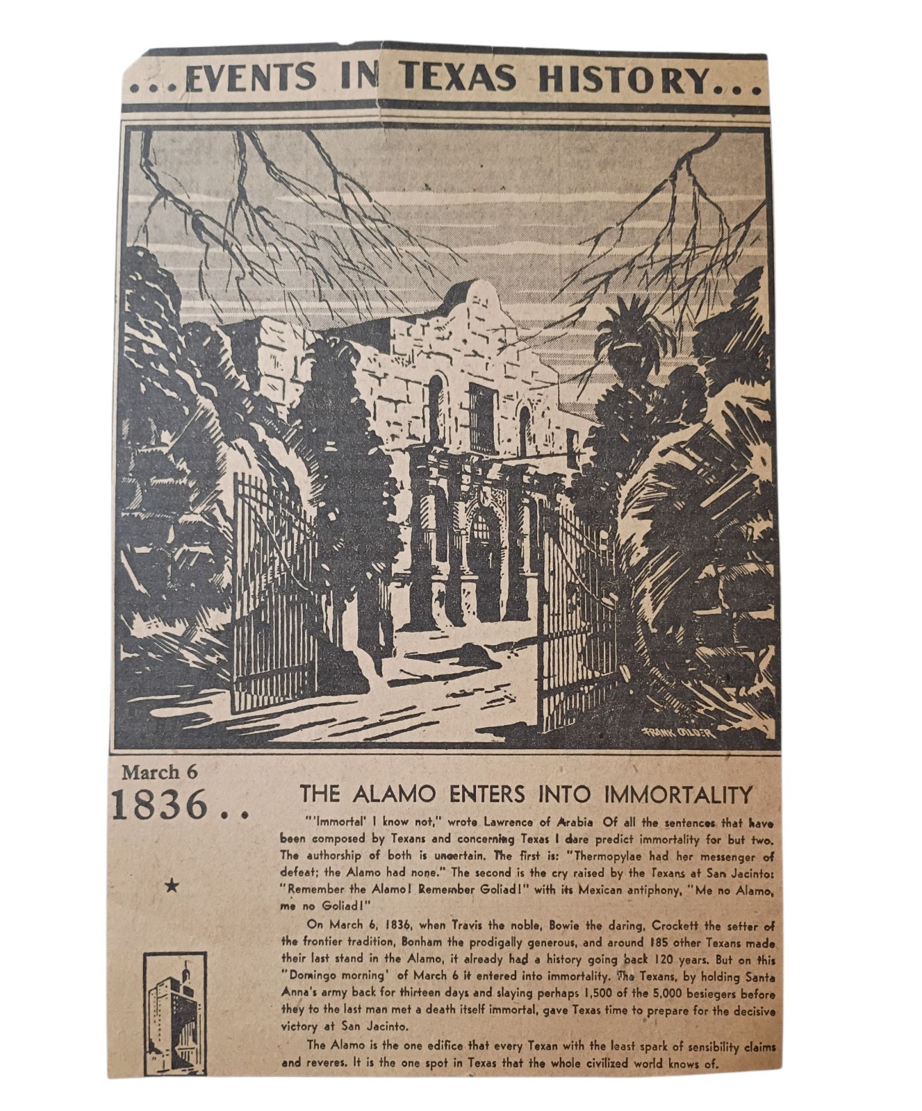 1930s The Alamo Original Newspaper Article