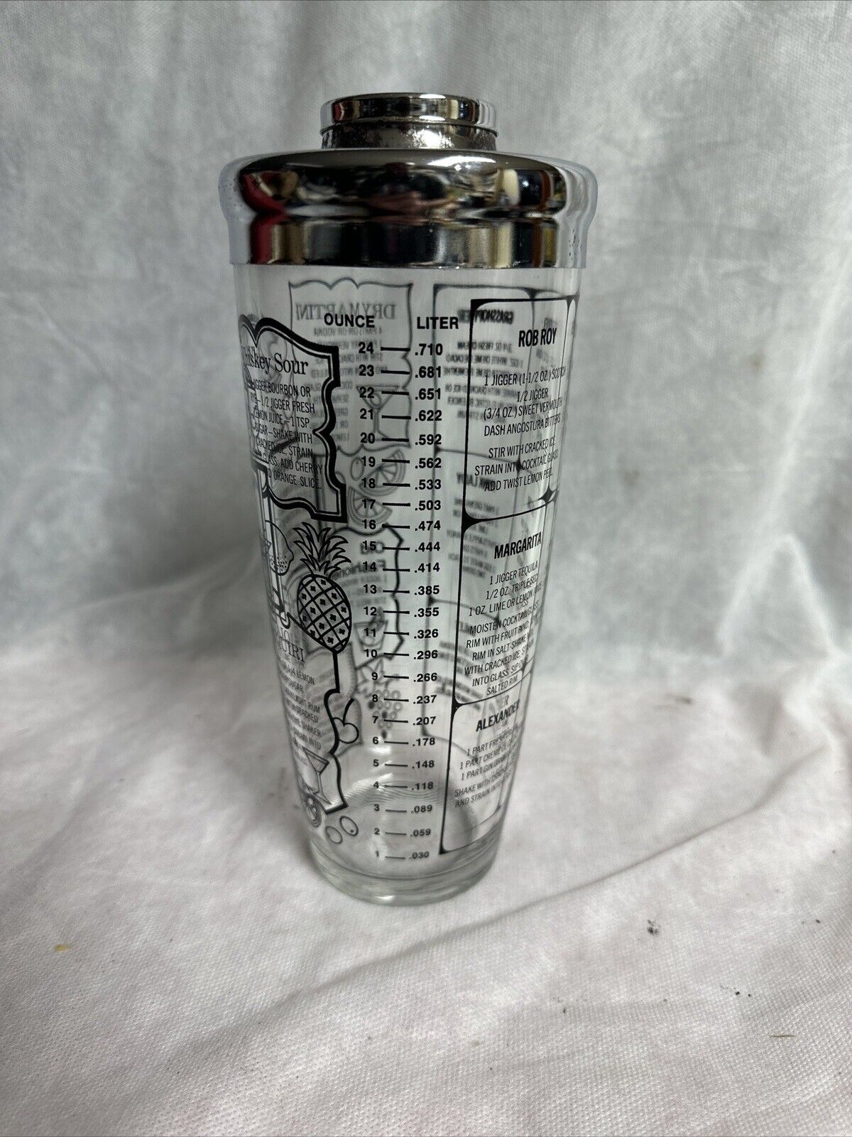 Vintage MCM Glass Cocktail Drink Mixer/Shaker with Recipes Measuring Chrome Lid