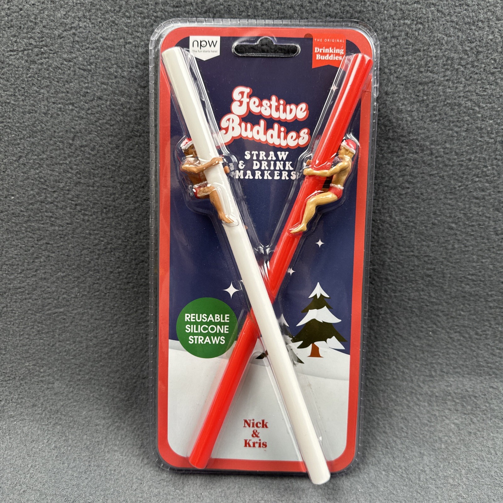 NPW Drinking Buddies Festive 2 Straws Drink Markers Nick & Kris Santa Hat PRIDE