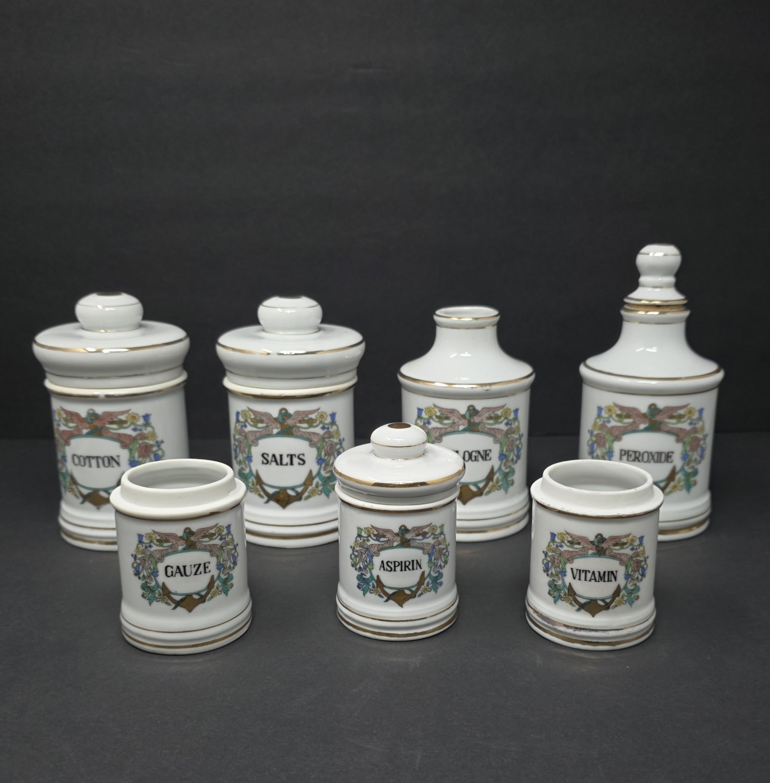 Vintage Porcelain Apothecary Medicine Jar Set Salts Cologne Gauze Perioxide Vintage Porcelain Apothecary Medicine Jar Set Salts Cologne Gauze Perioxide