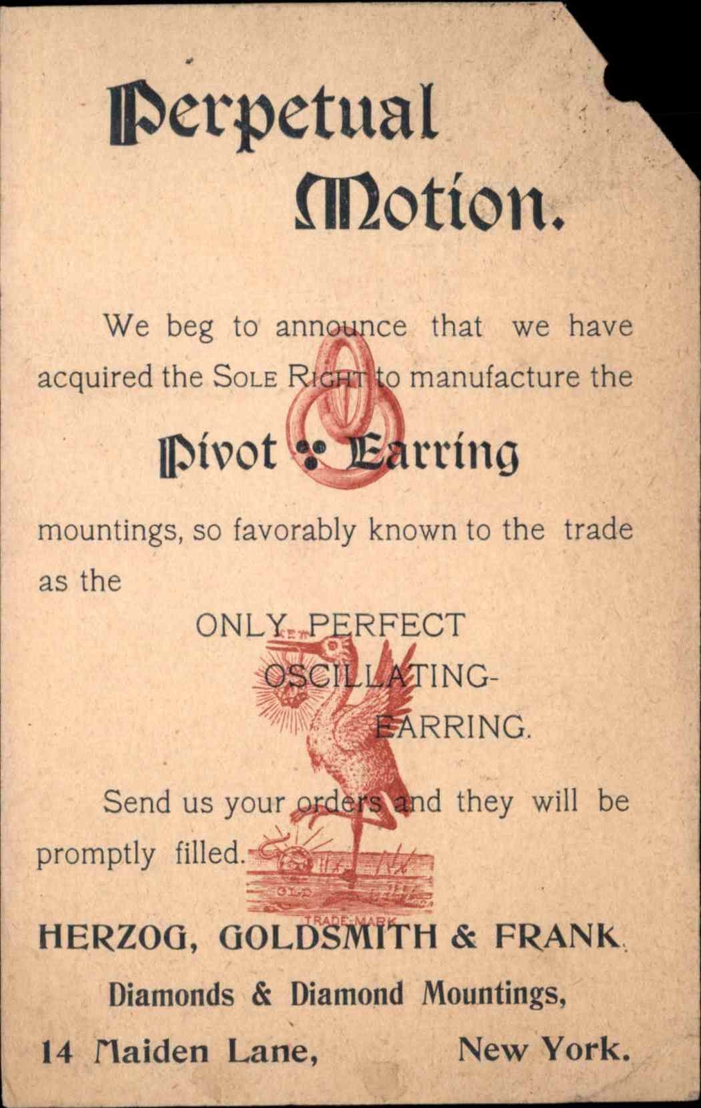 Jewelry Postal Card Oscillating Earring Herzog Goldsmith New York City 1890s Jewelry Postal Card Oscillating Earring Herzog Goldsmith New York City 1890s