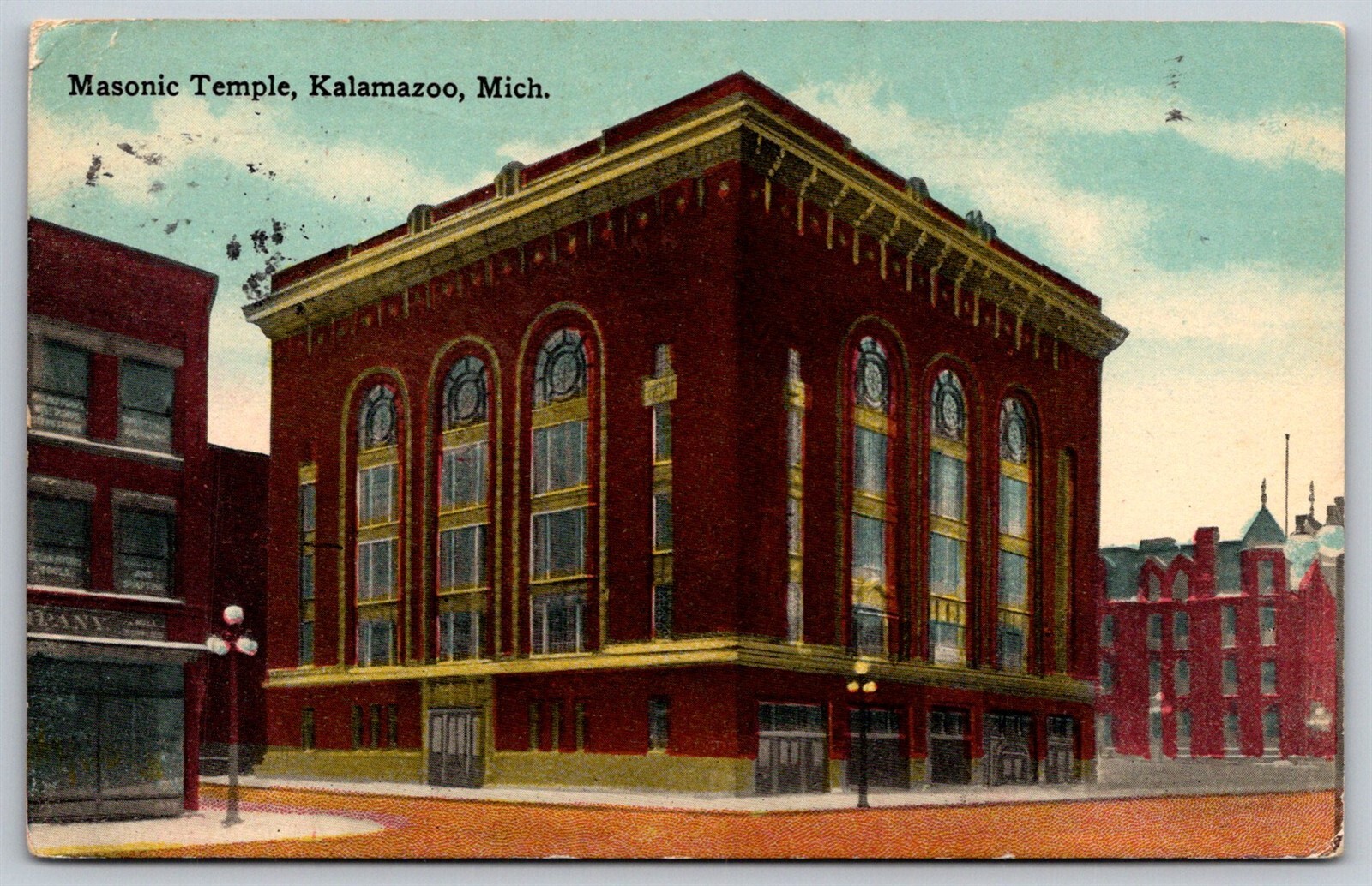 Kalamazoo Michigan Postcard Masonic Temple Street View