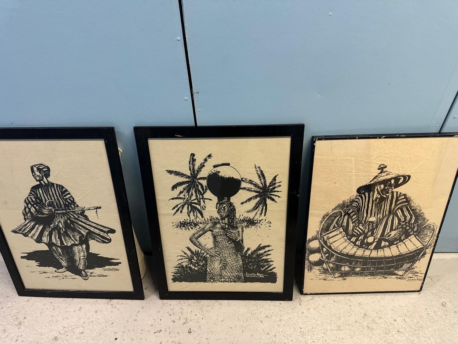 1988 SOWATEY ADJEI SIGNED GHANA AFRICAN TRIBAL ART FRAMED FABRIC PRINT - 3 UNITS 1988 SOWATEY ADJEI SIGNED GHANA AFRICAN TRIBAL ART FRAMED FABRIC PRINT - 3 UNITS