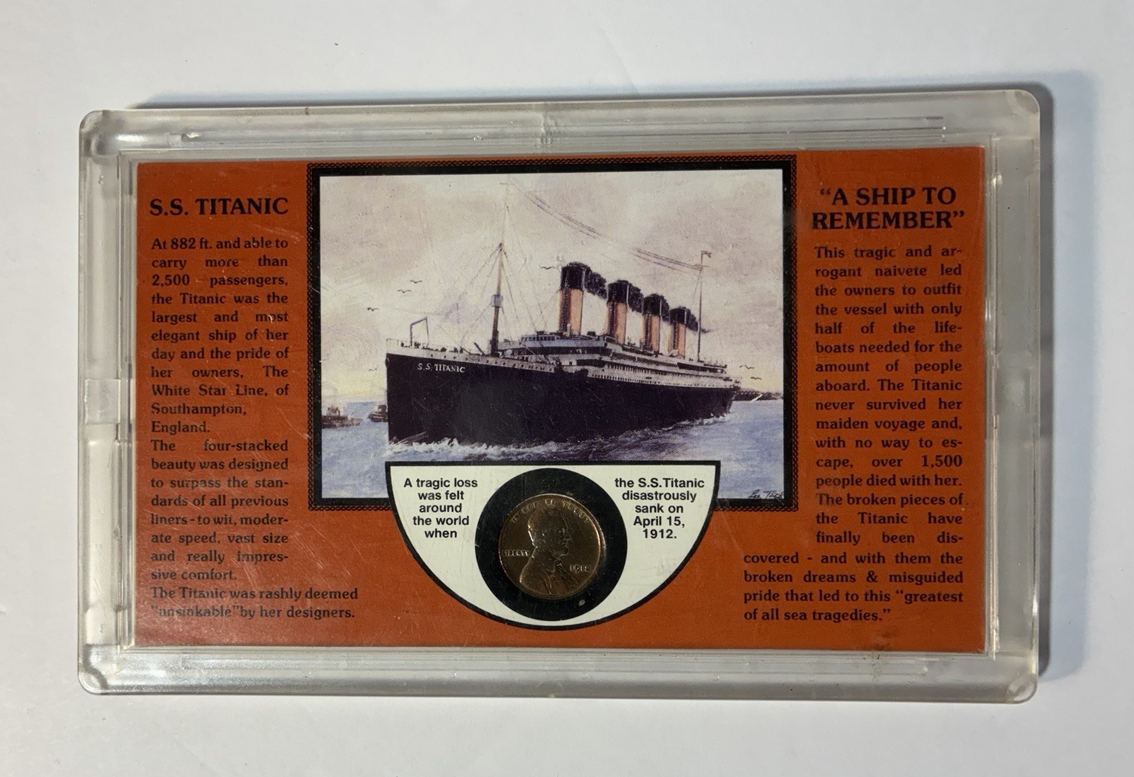 Vintage S.S. Titanic A Ship To Remember Acrylic Display w/ 1912 Wheat Penny Coin