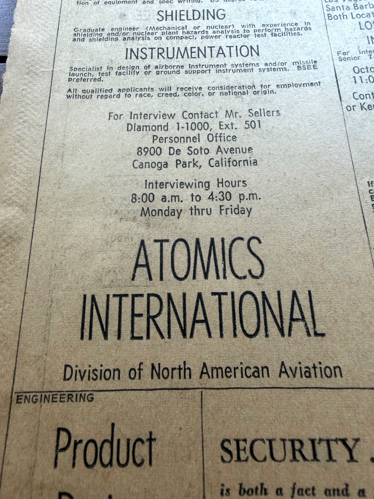 Vintage 1961 LA Times Newspaper Nuclear Space Race Ads Rocketdyne EGG Atomics Vintage 1961 LA Times Newspaper Nuclear Space Race Ads Rocketdyne EGG Atomics