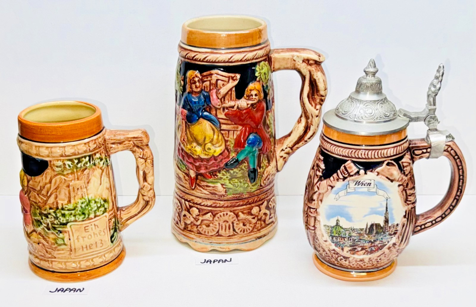 LOT-3 VINTAGE GERMAN STYLE CERAMIC BEER STEIN MUGS-JAPAN-AUSTRIA-1 MUSIC BOX+++