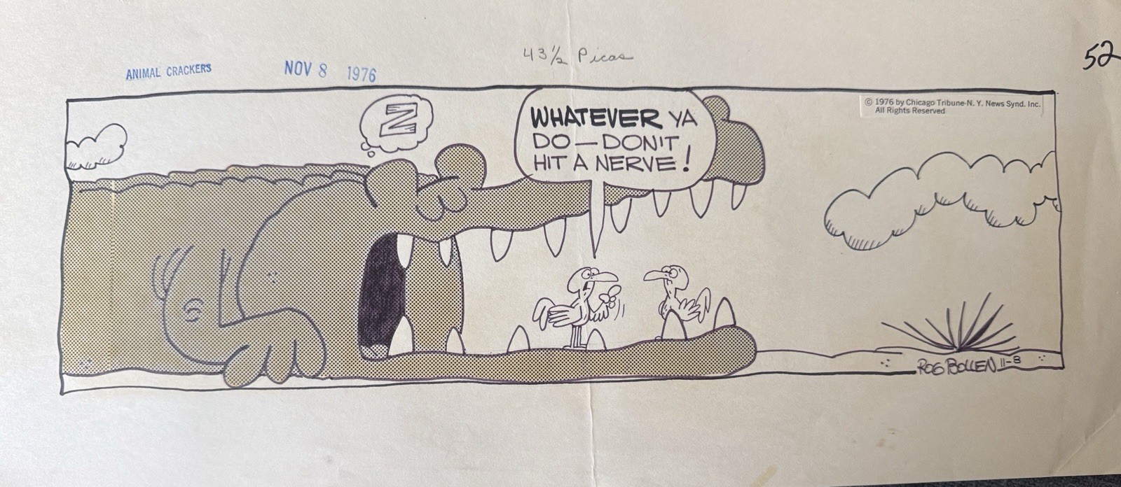 Original Comic Strip Animal Crackers Daily By Rog Bollen Signed Alligator Original Comic Strip Animal Crackers Daily By Rog Bollen Signed Alligator